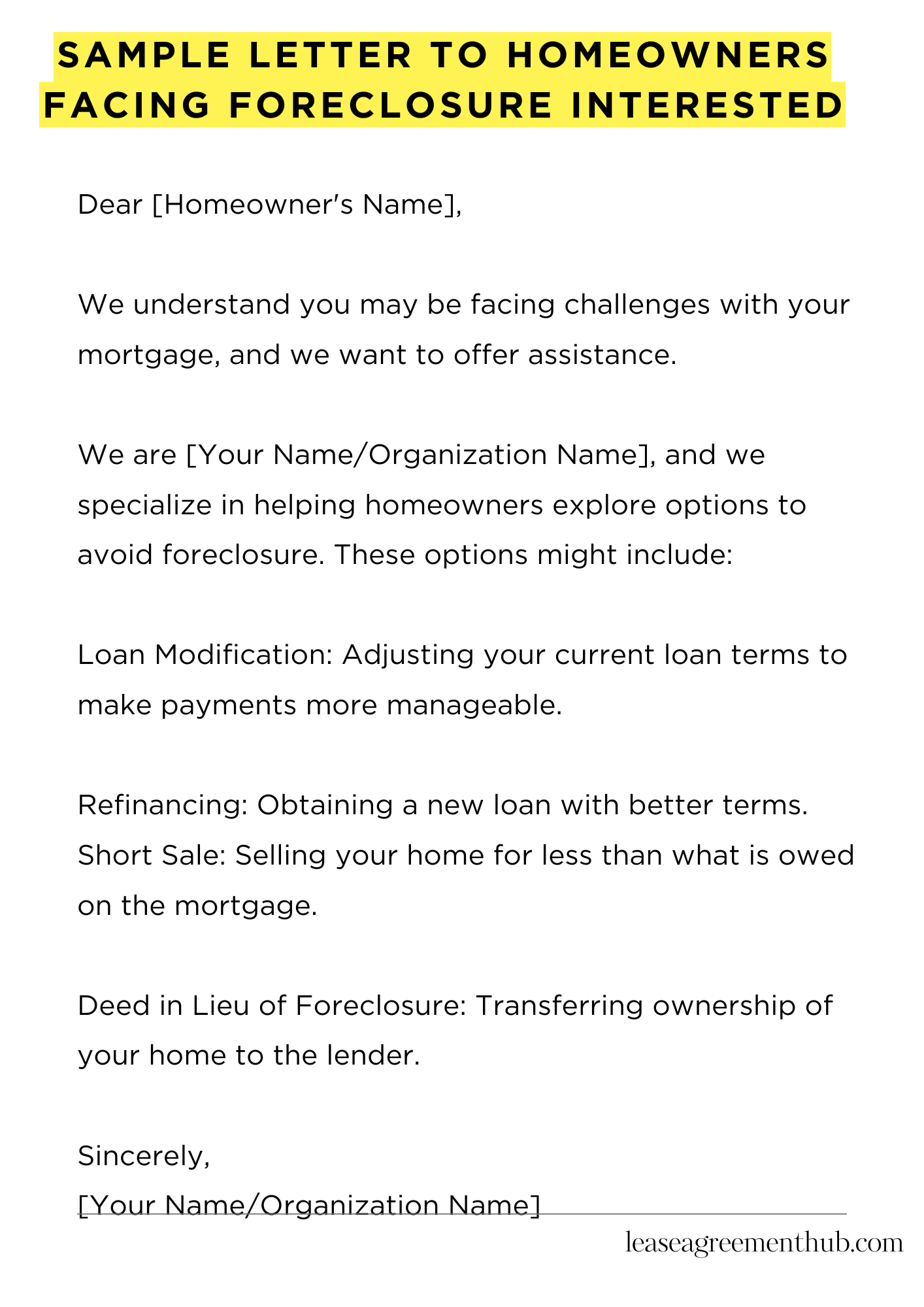 Sample Letter To Homeowners Facing Foreclosure Interested