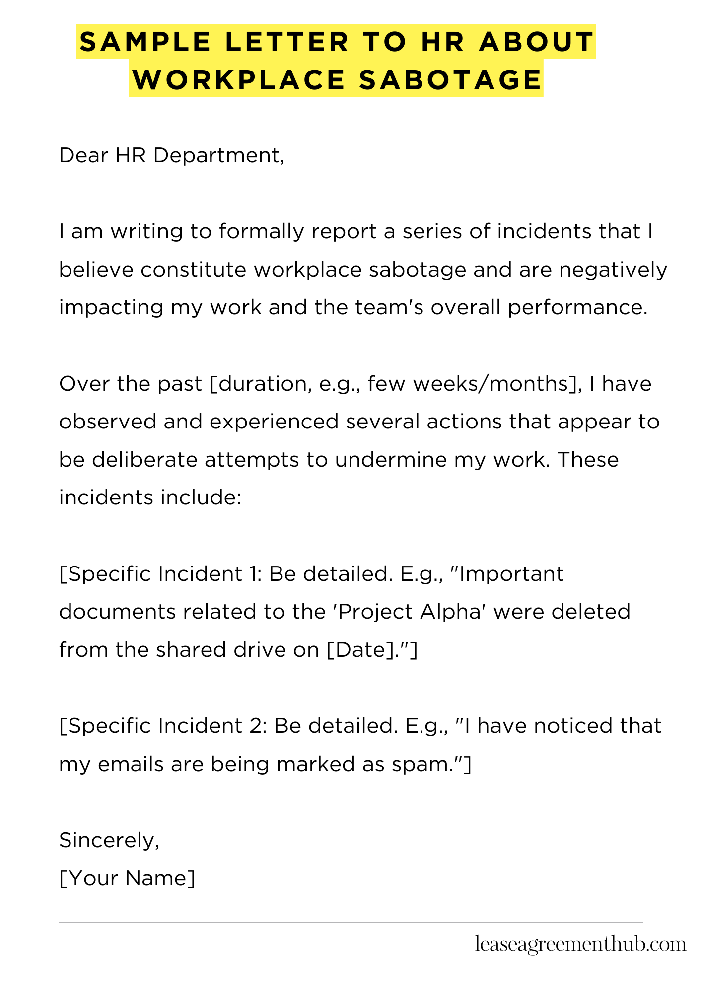 Sample Letter To Hr About Workplace Sabotage