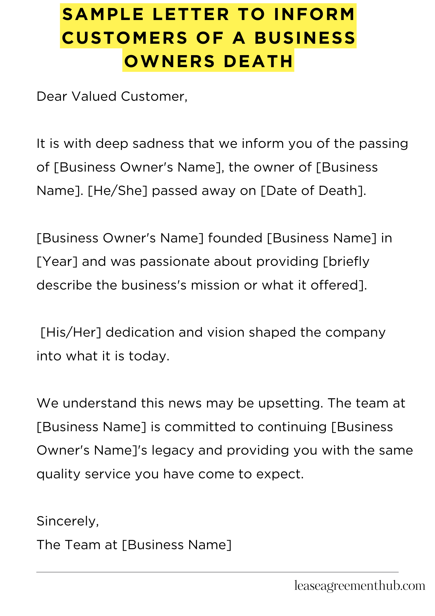 Sample Letter To Inform Customers Of A Business Owners Death