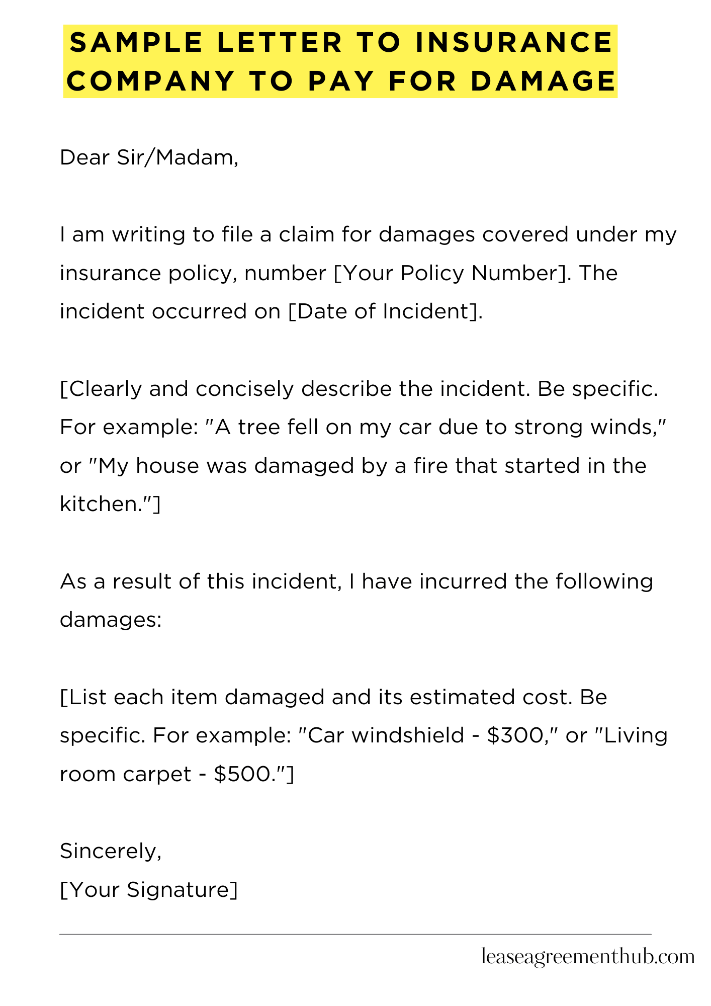 Sample Letter To Insurance Company To Pay For Damage