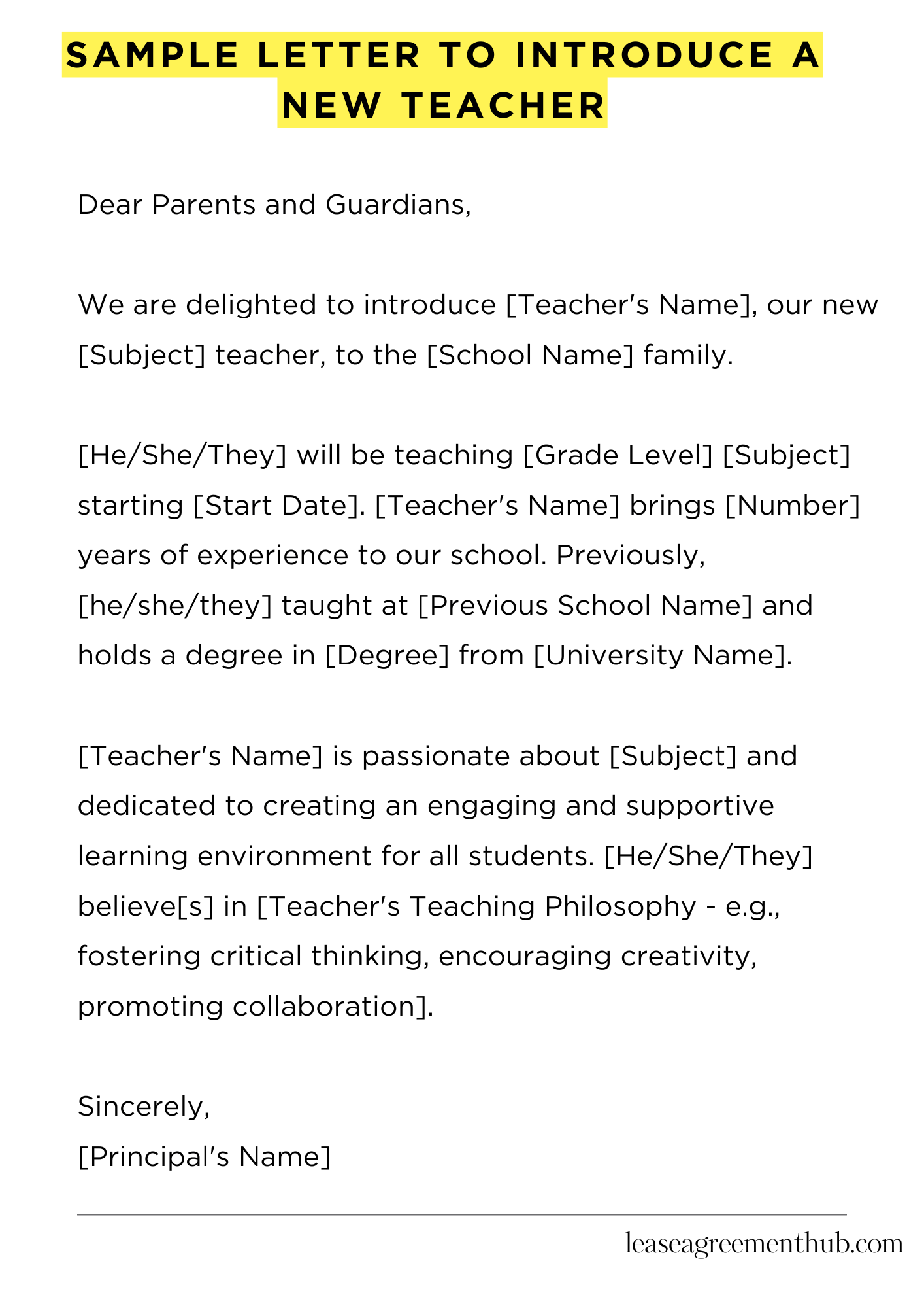 Sample Letter To Introduce A New Teacher