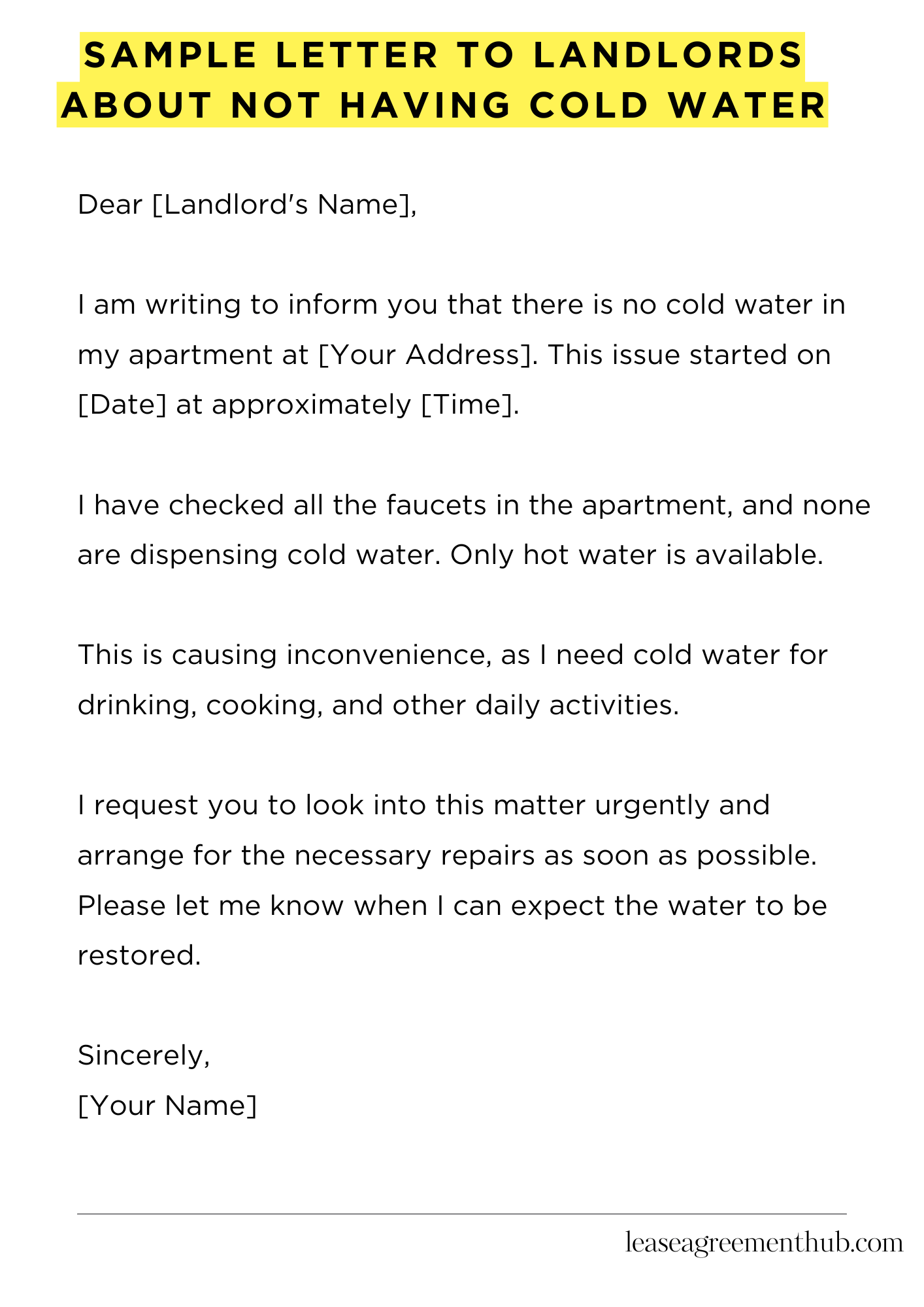 Sample Letter To Landlords About Not Having Cold Water
