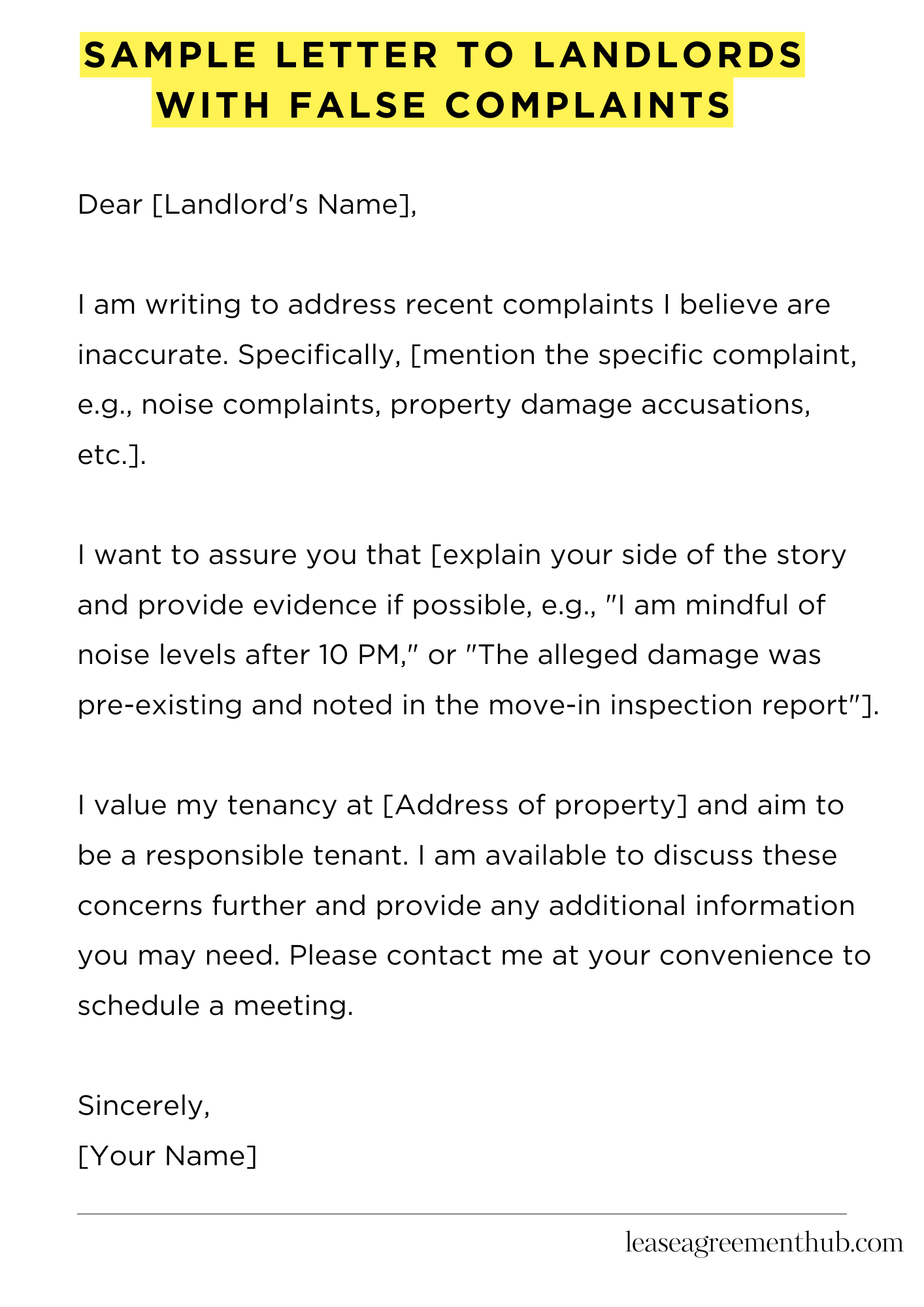Sample Letter To Landlords With False Complaints