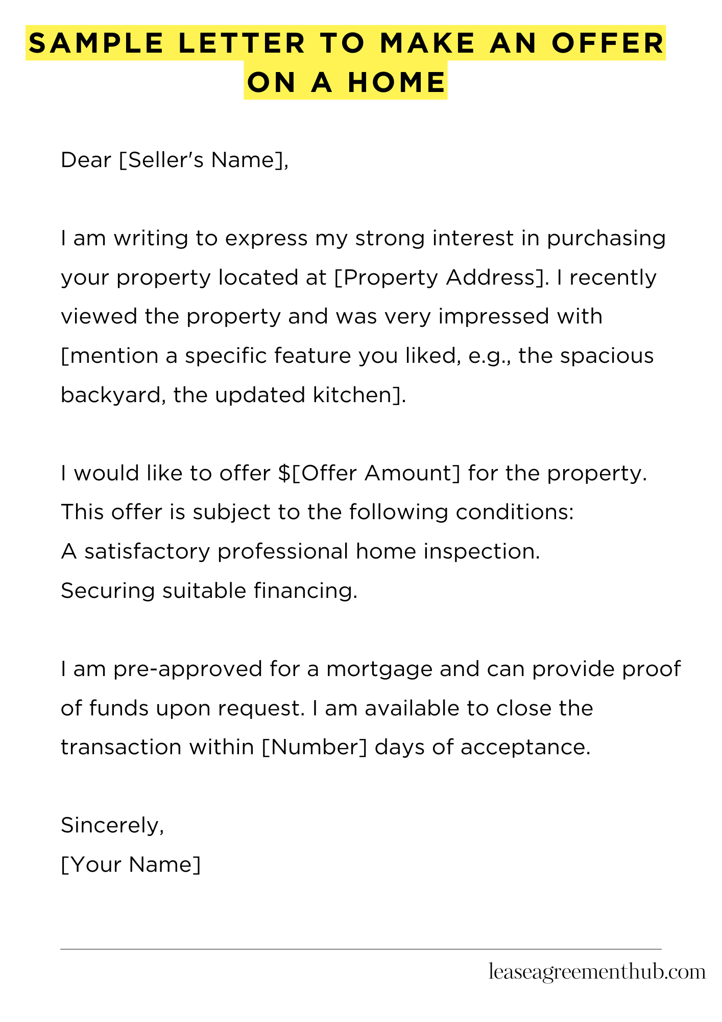 Sample Letter To Make An Offer On A Home