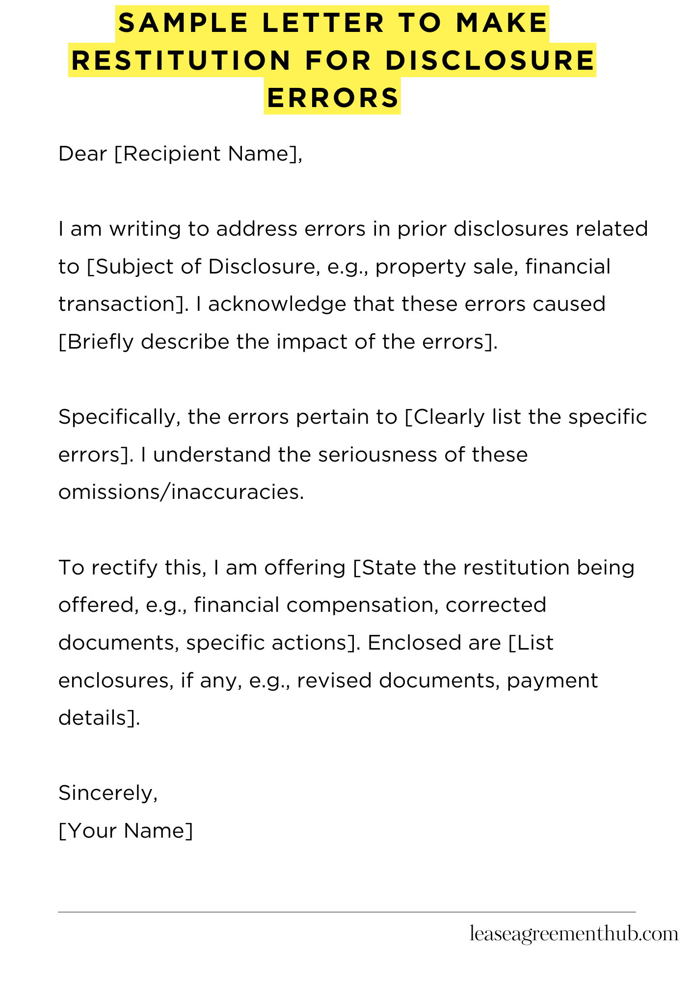 Sample Letter To Make Restitution For Disclosure Errors