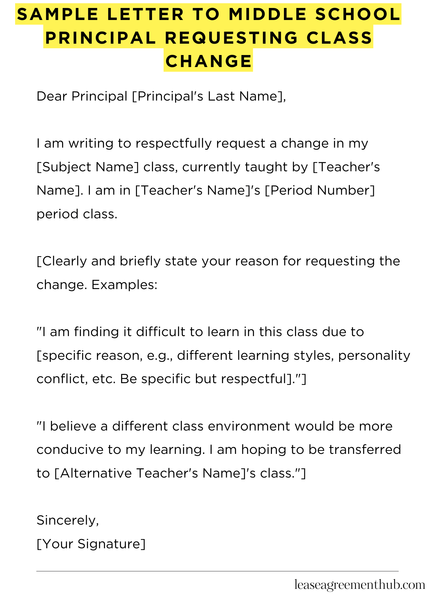 Sample Letter To Middle School Principal Requesting Class Change