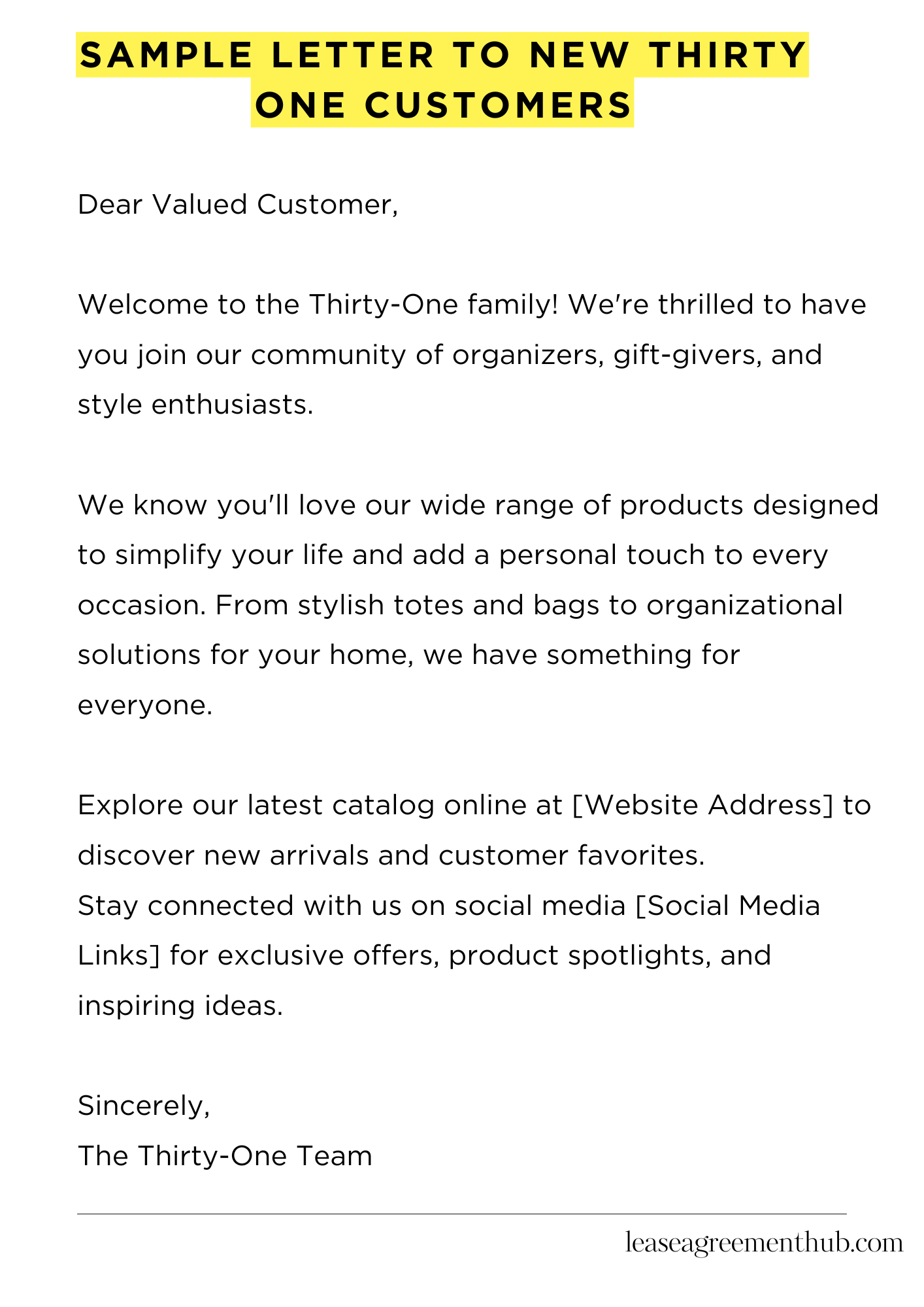 Sample Letter To New Thirty One Customers
