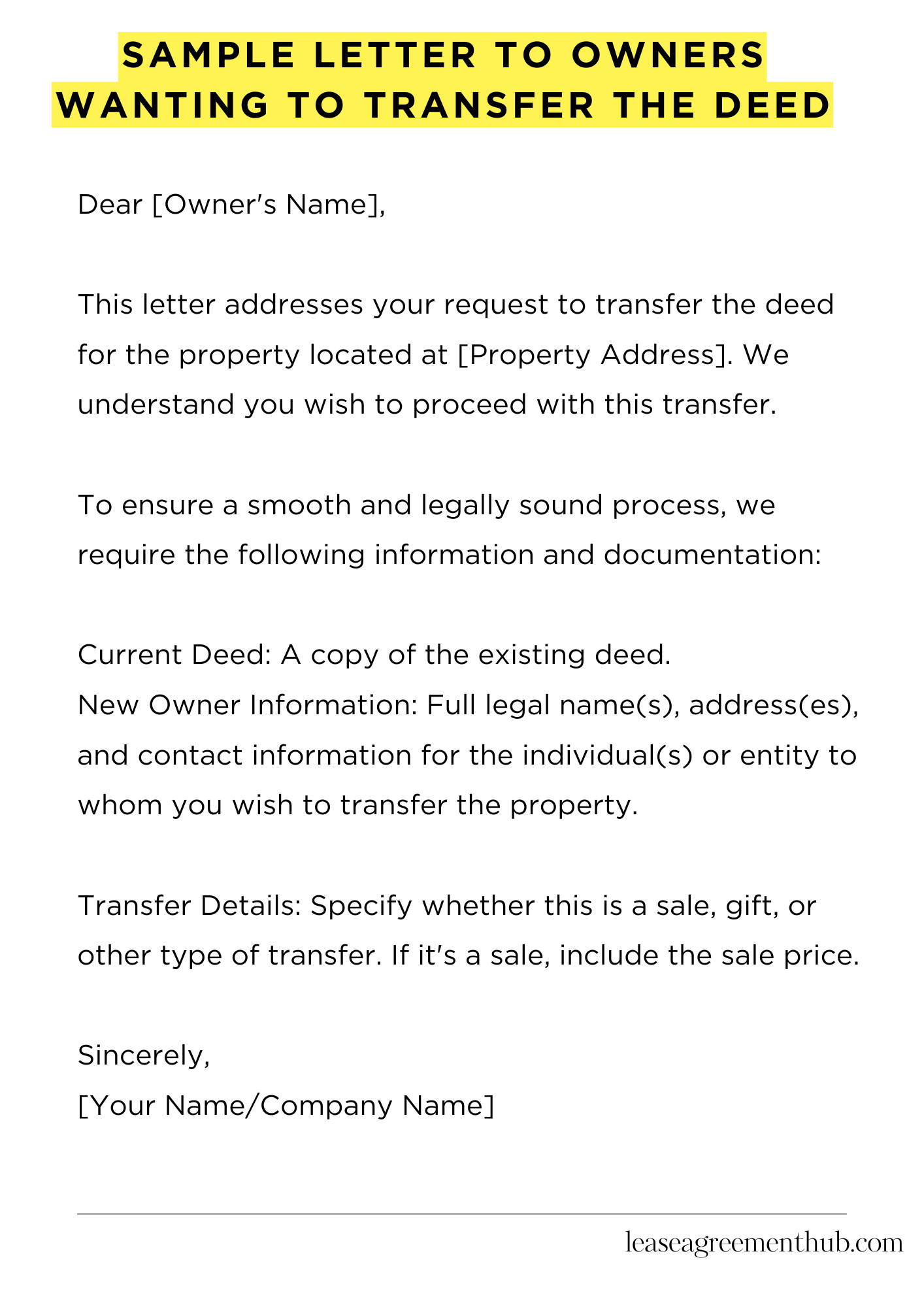Sample Letter To Owners Wanting To Transfer The Deed