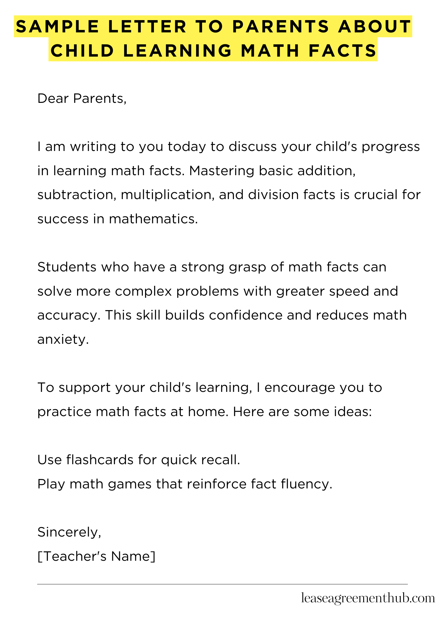 Sample Letter To Parents About Child Learning Math Facts