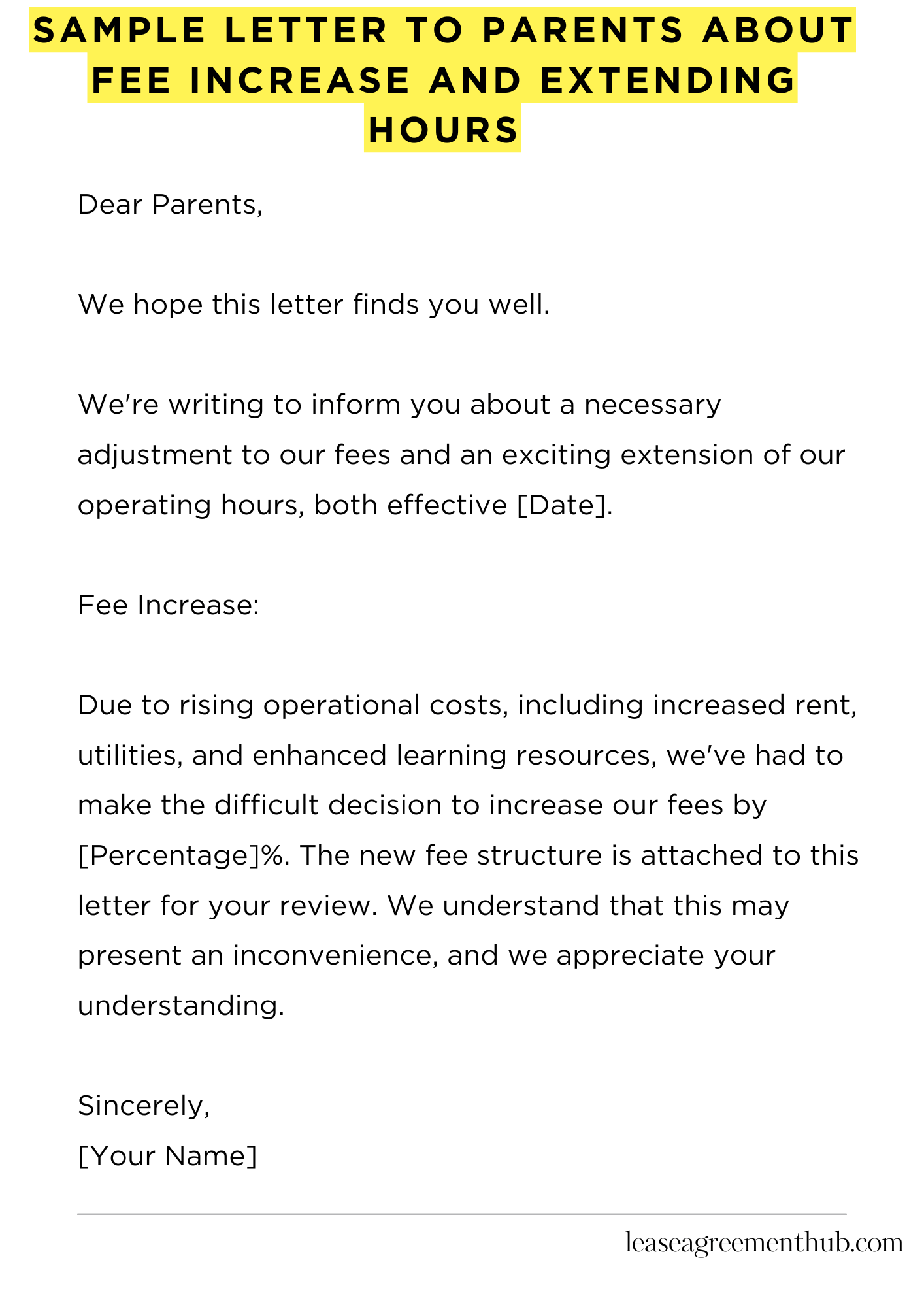 Sample Letter To Parents About Fee Increase And Extending Hours