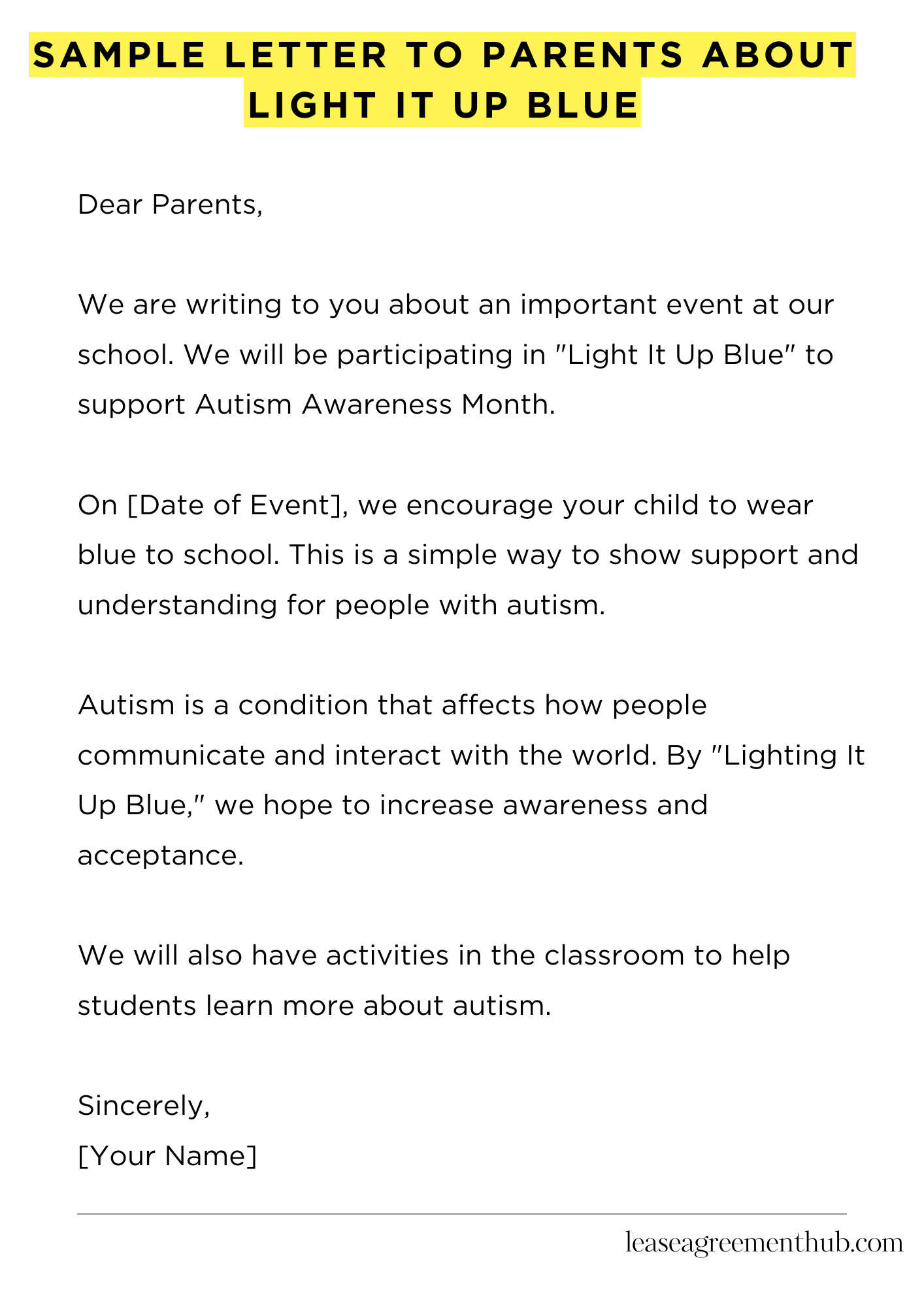 Sample Letter To Parents About Light It Up Blue