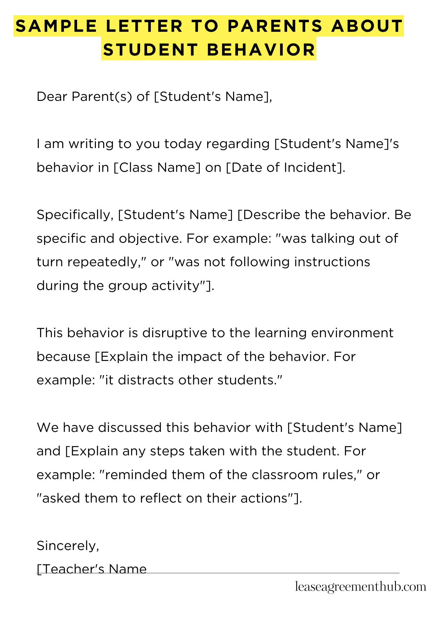 Sample Letter To Parents About Student Behavior