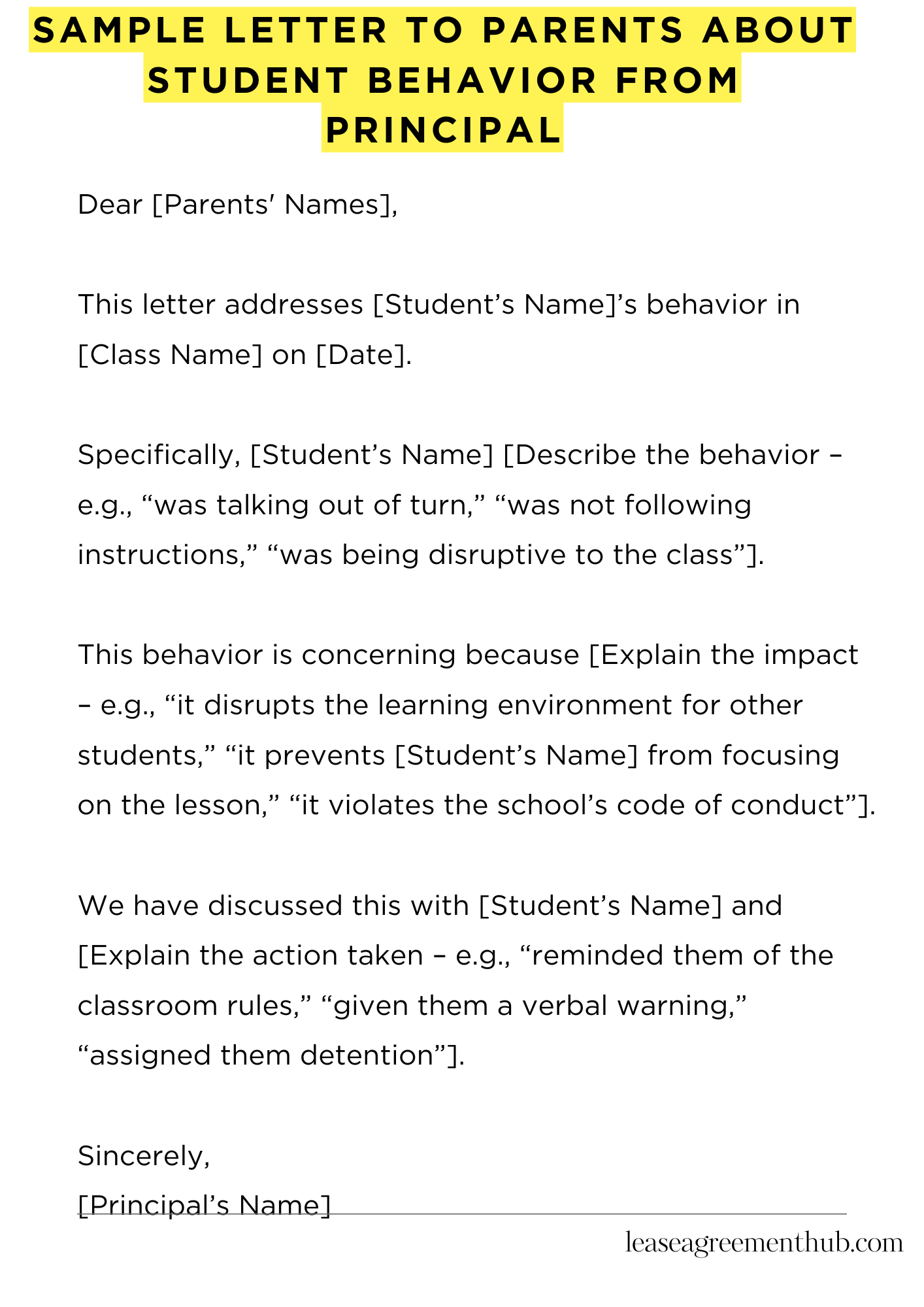 Sample Letter To Parents About Student Behavior From Principal