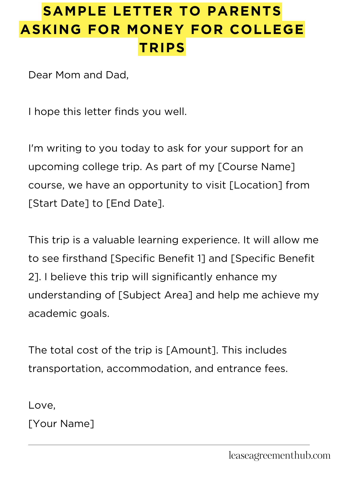 Sample Letter To Parents Asking For Money For College Trips