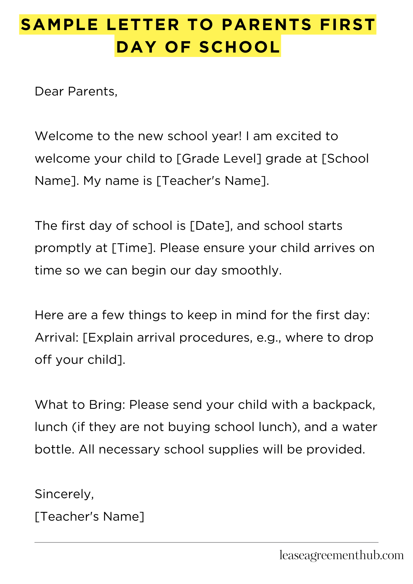 Sample Letter To Parents First Day Of School