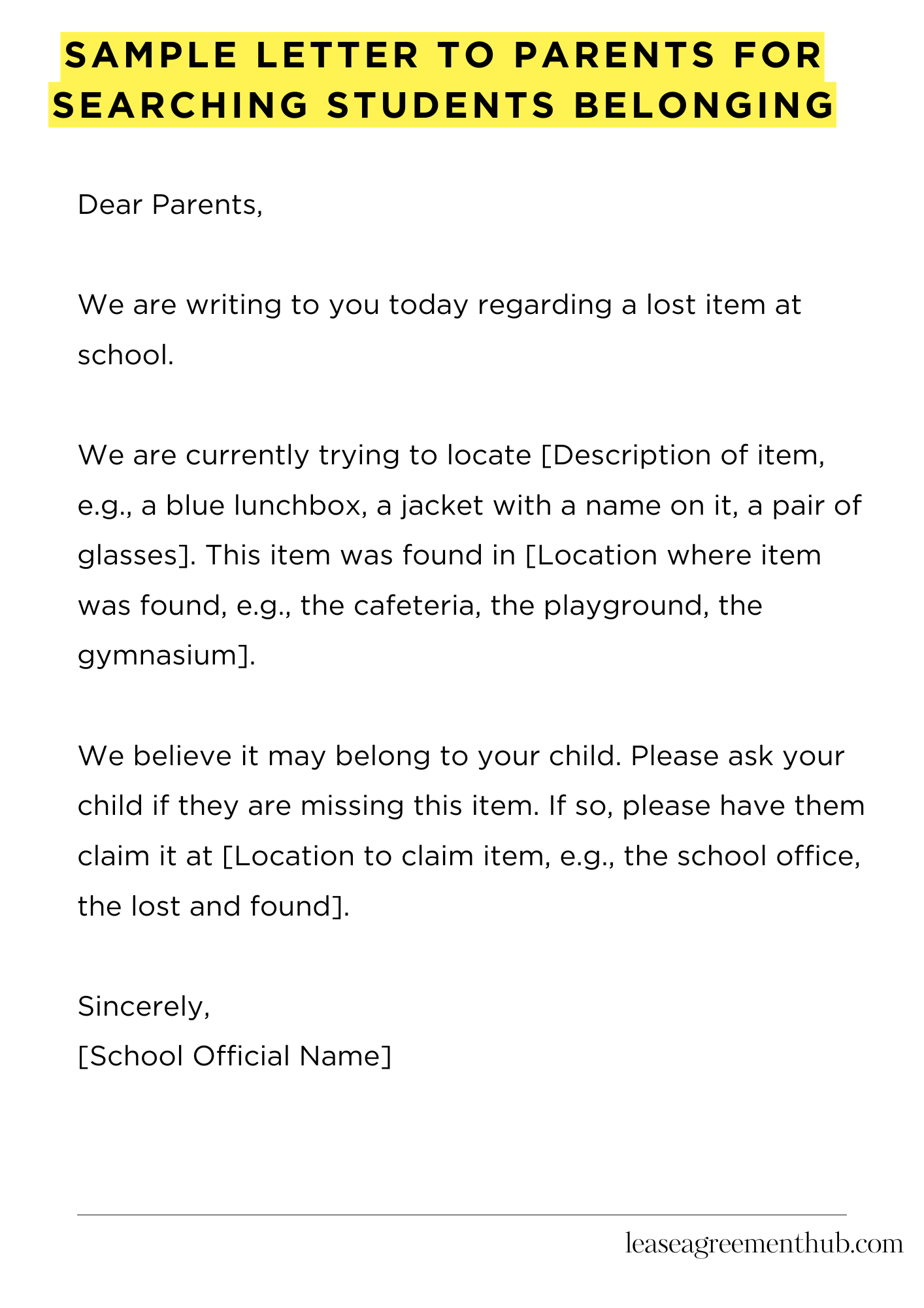 Sample Letter To Parents For Searching Students Belonging