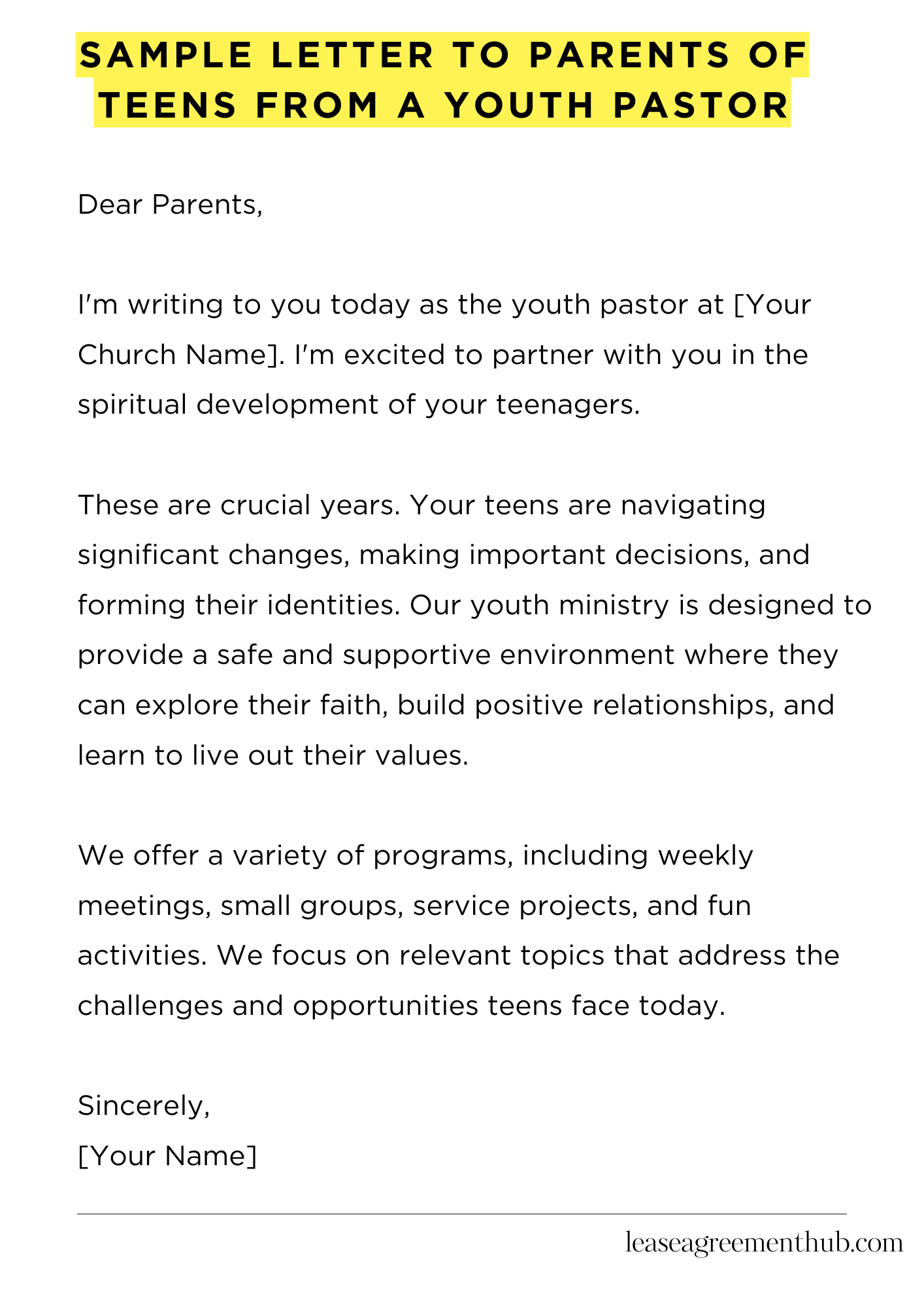 Sample Letter To Parents Of Teens From A Youth Pastor