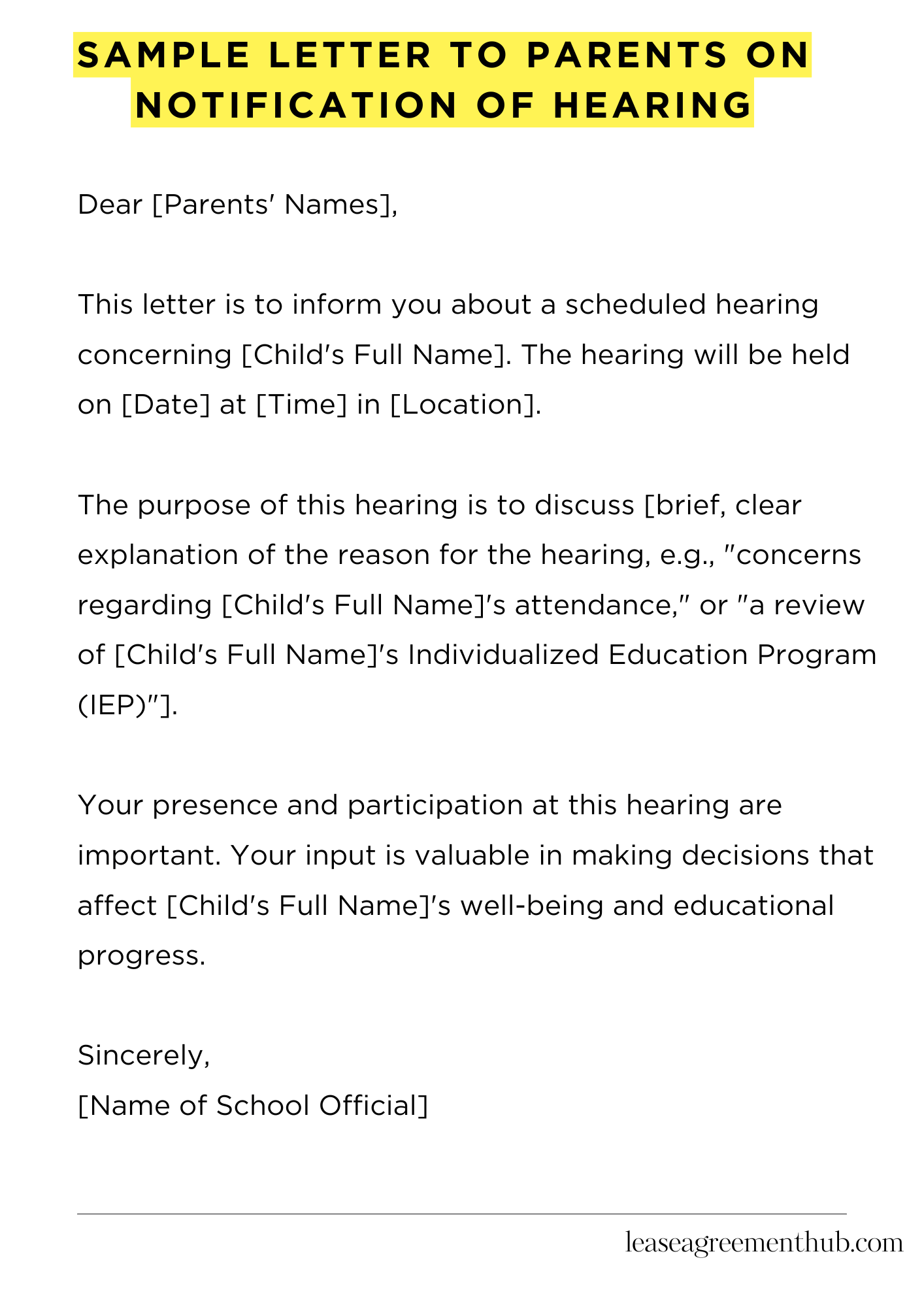 Sample Letter To Parents On Notification Of Hearing