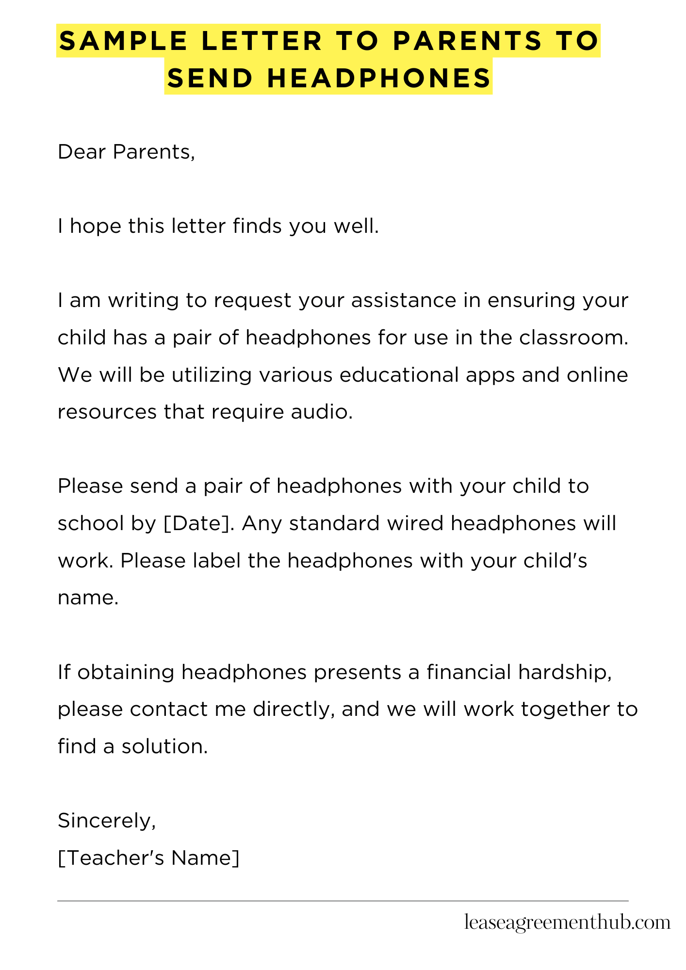 Sample Letter To Parents To Send Headphones