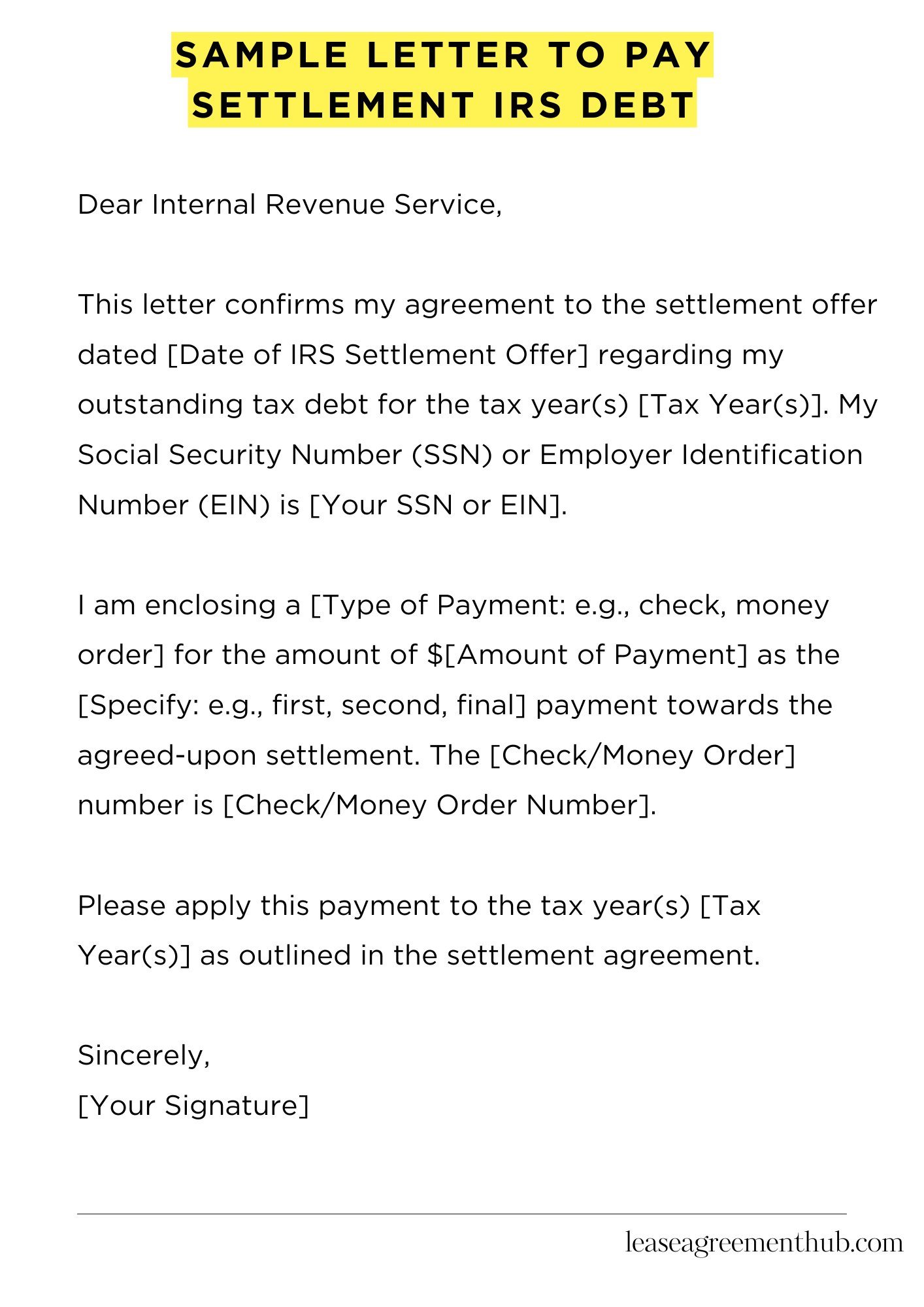 Sample Letter To Pay Settlement Irs Debt