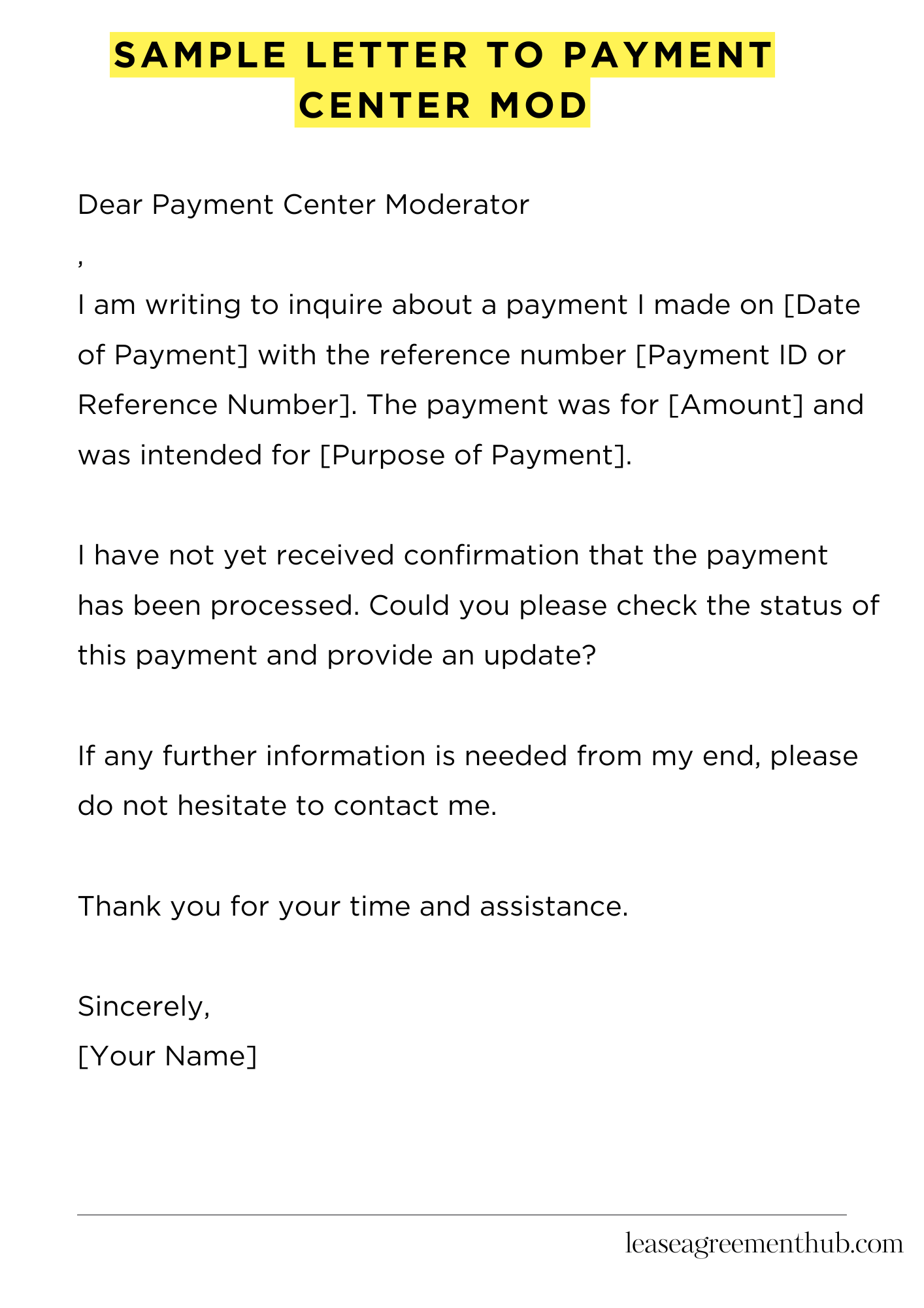 Sample Letter To Payment Center Mod