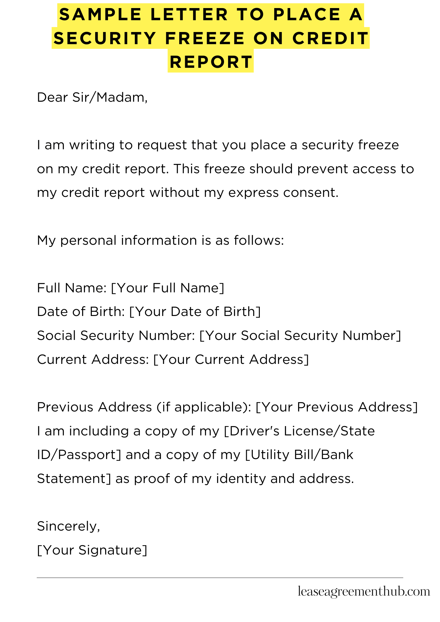 Sample Letter To Place A Security Freeze On Credit Report