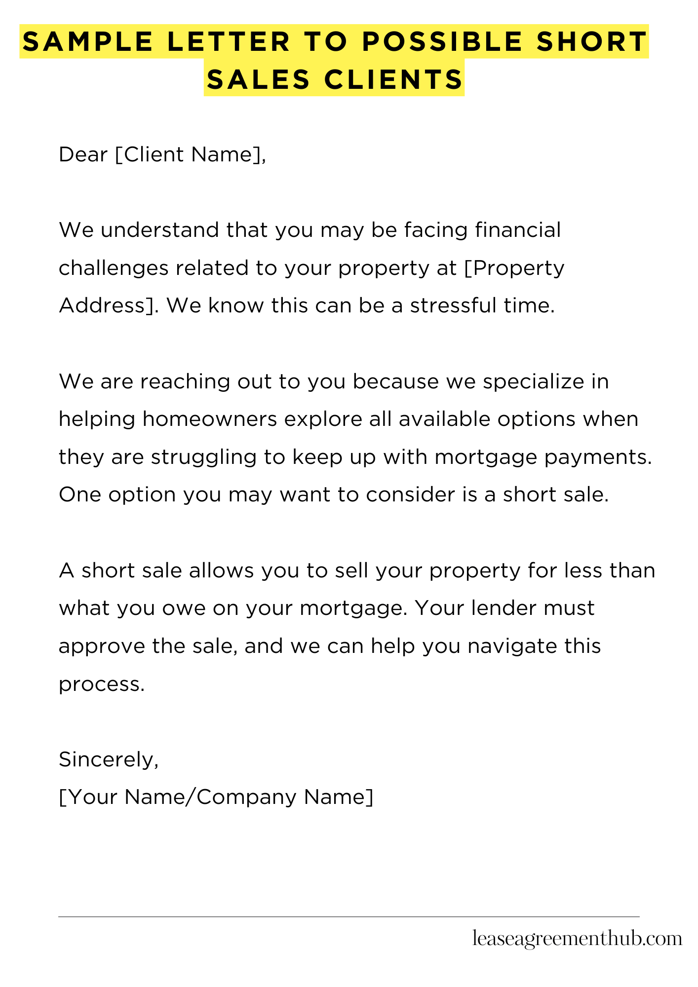 Sample Letter To Possible Short Sales Clients