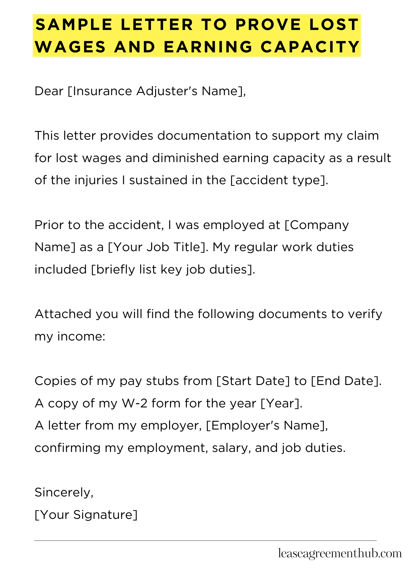 Sample Letter To Prove Lost Wages And Earning Capacity