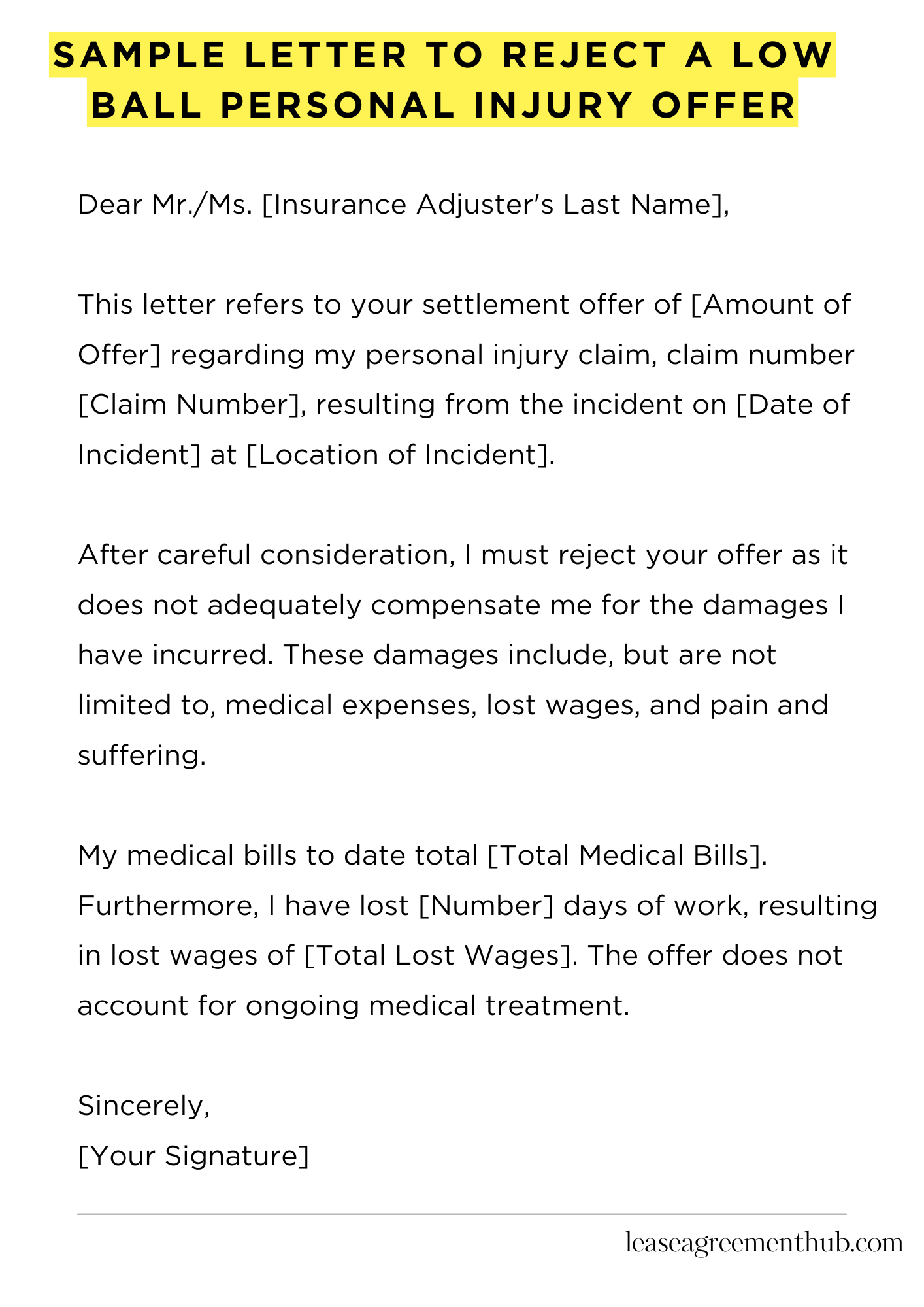 Sample Letter To Reject A Low Ball Personal Injury Offer