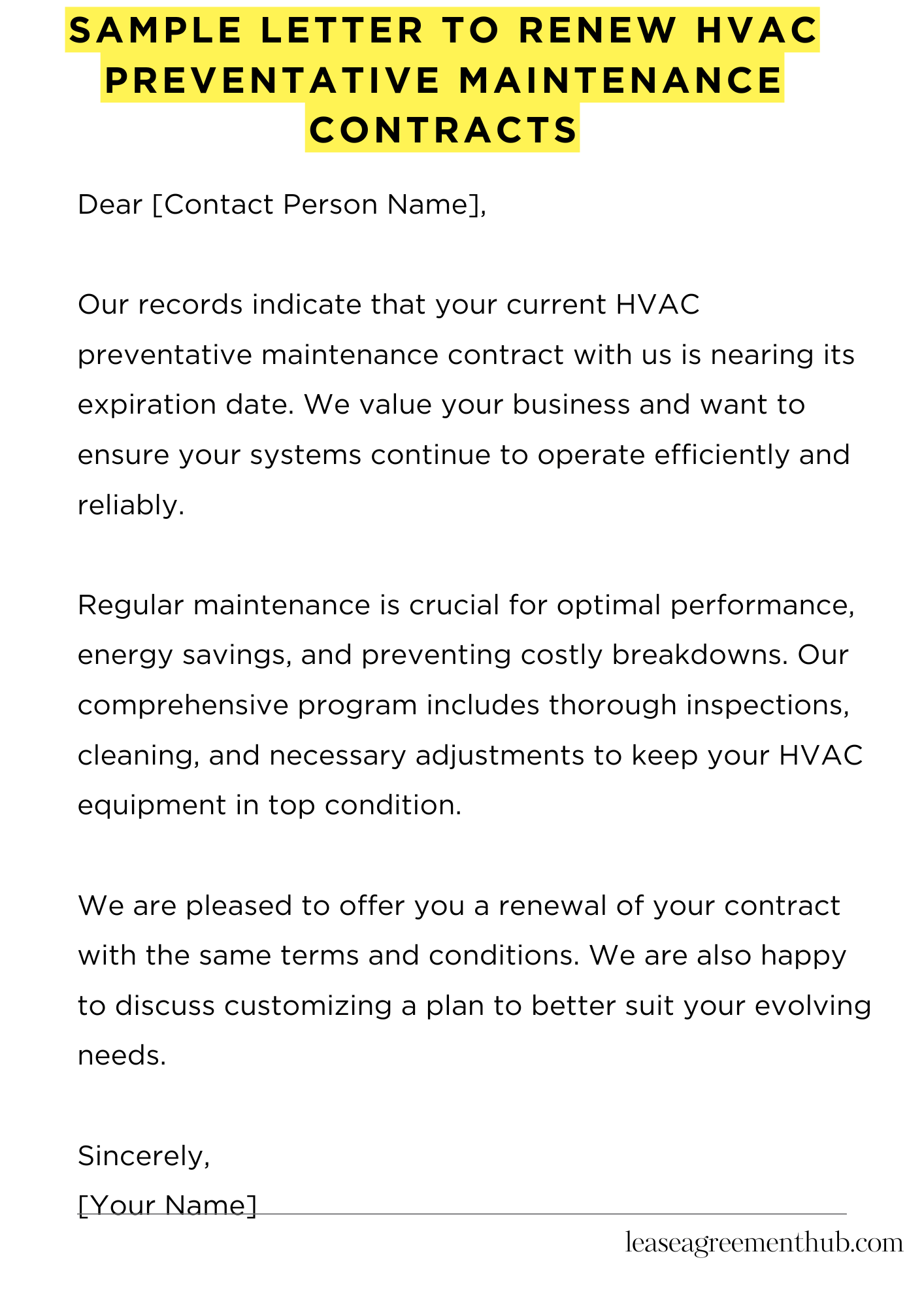 Sample Letter To Renew Hvac Preventative Maintenance Contracts
