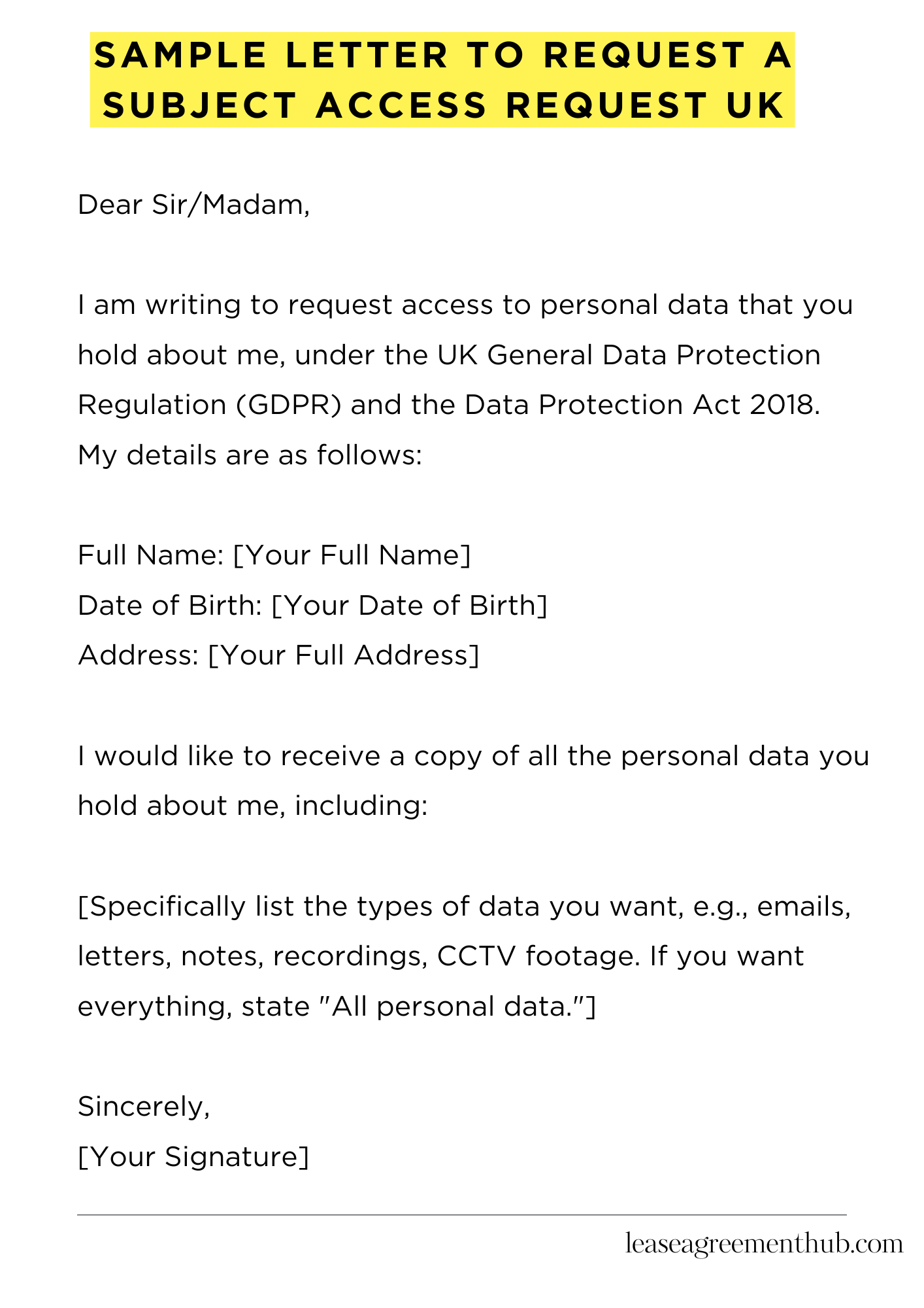 Sample Letter To Request A Subject Access Request Uk