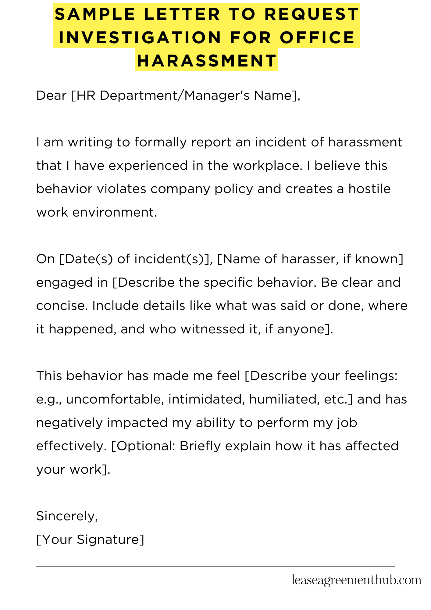 Sample Letter To Request Investigation For Office Harassment