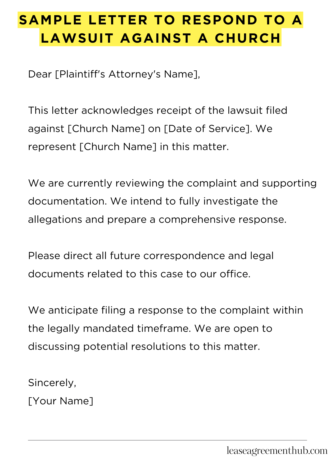 Sample Letter To Respond To A Lawsuit Against A Church