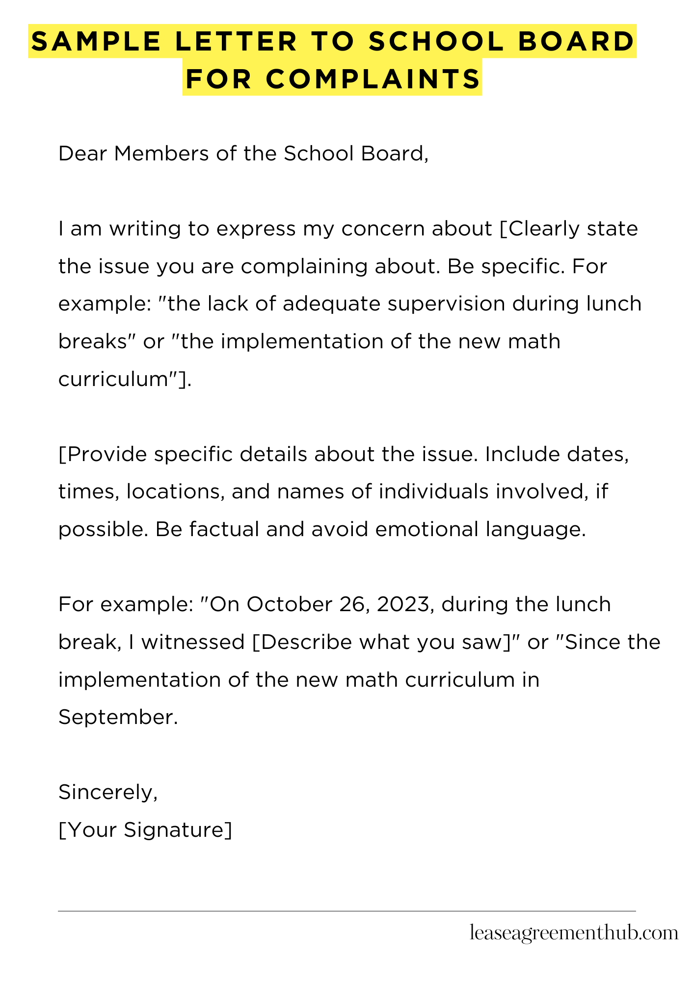 Sample Letter To School Board For Complaints