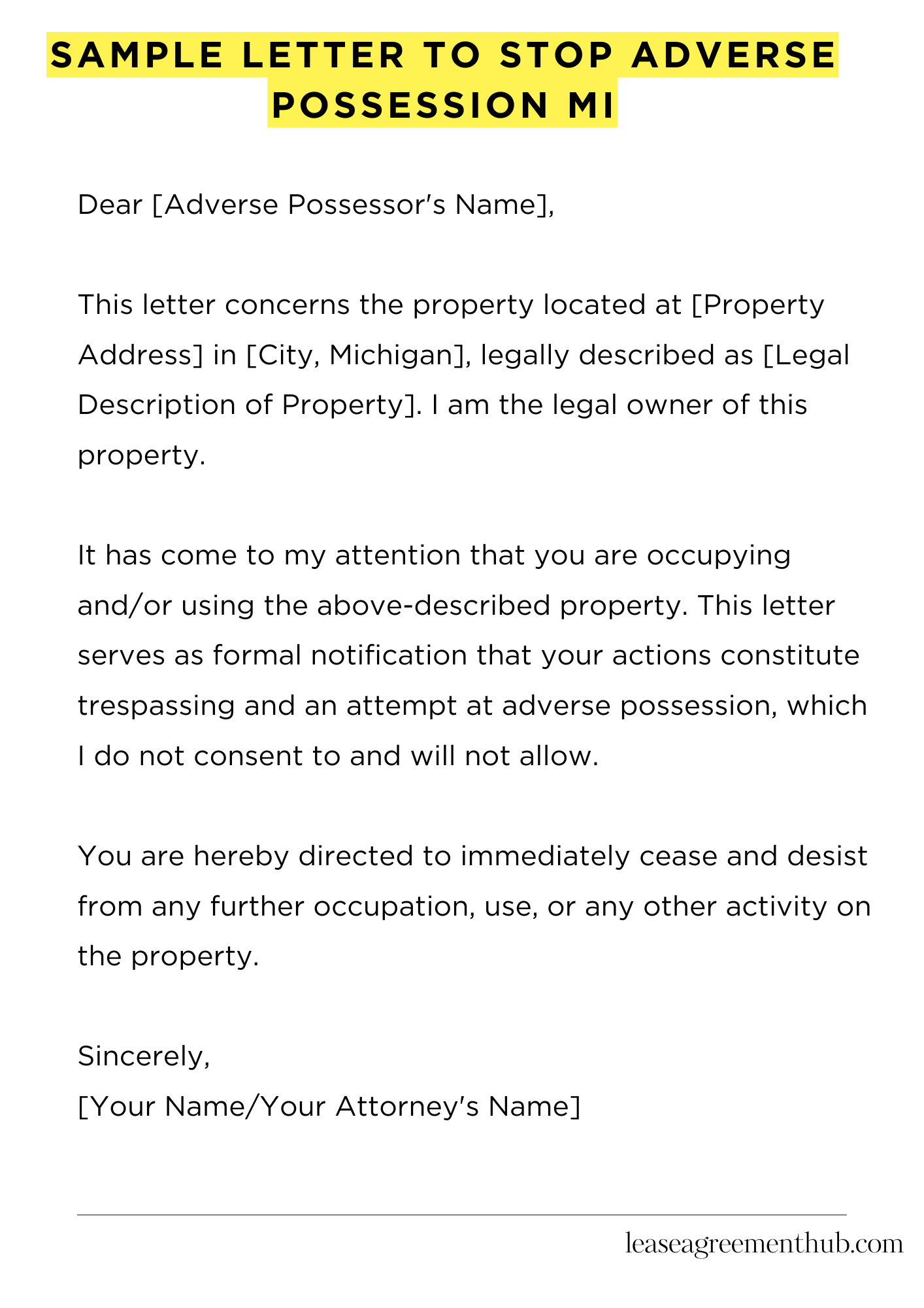 Sample Letter To Stop Adverse Possession Mi