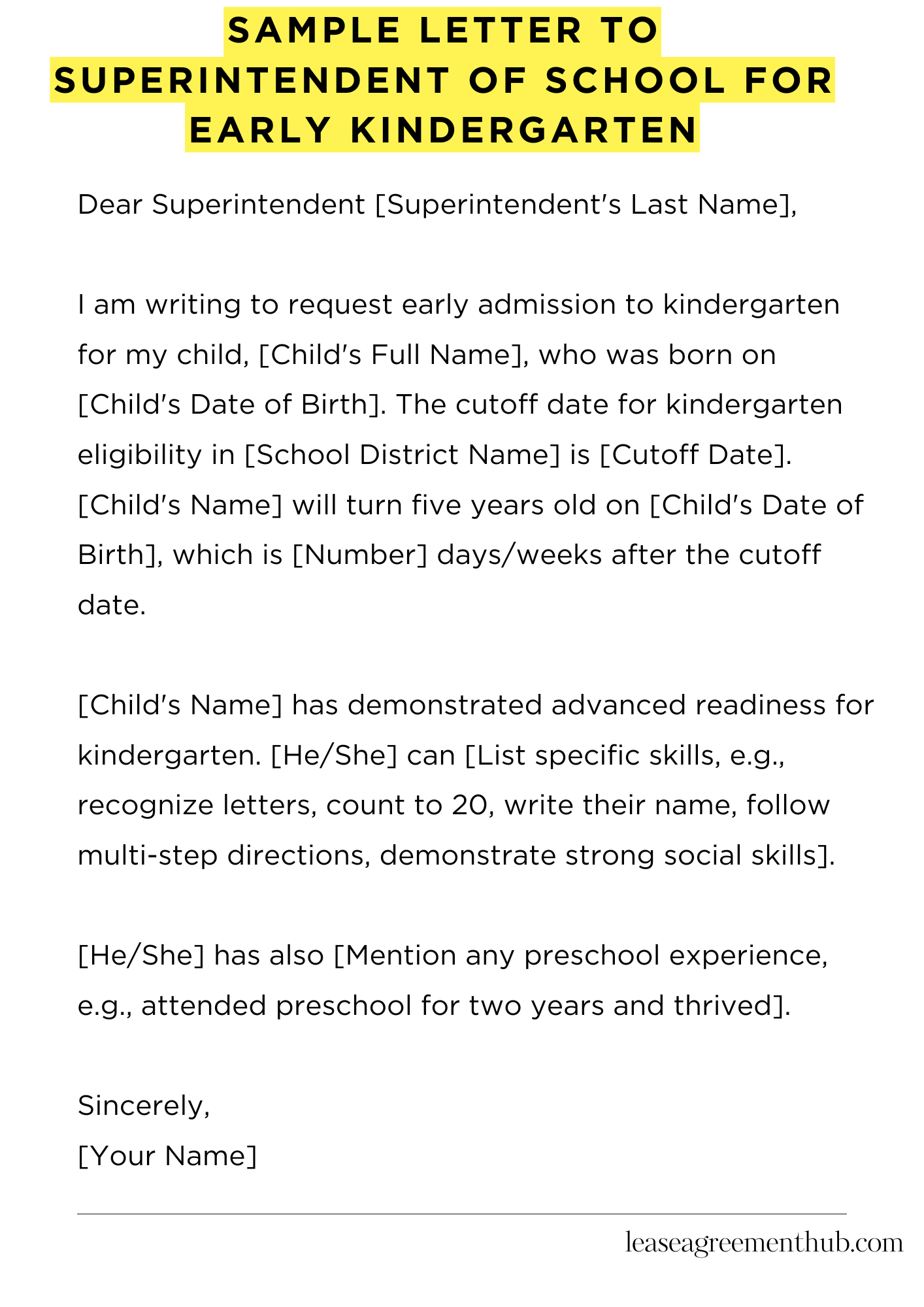 Sample Letter To Superintendent Of School For Early Kindergarten