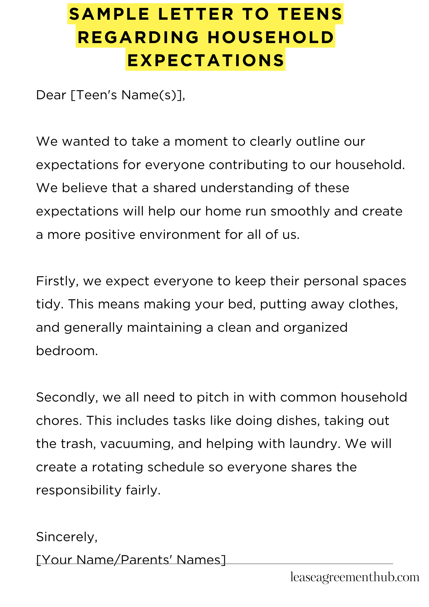 Sample Letter To Teens Regarding Household Expectations