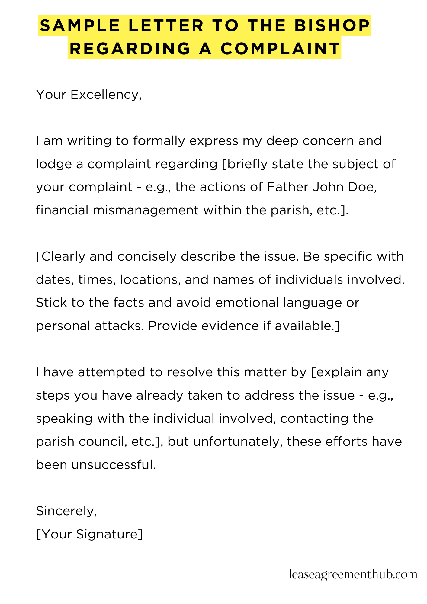 Sample Letter To The Bishop Regarding A Complaint