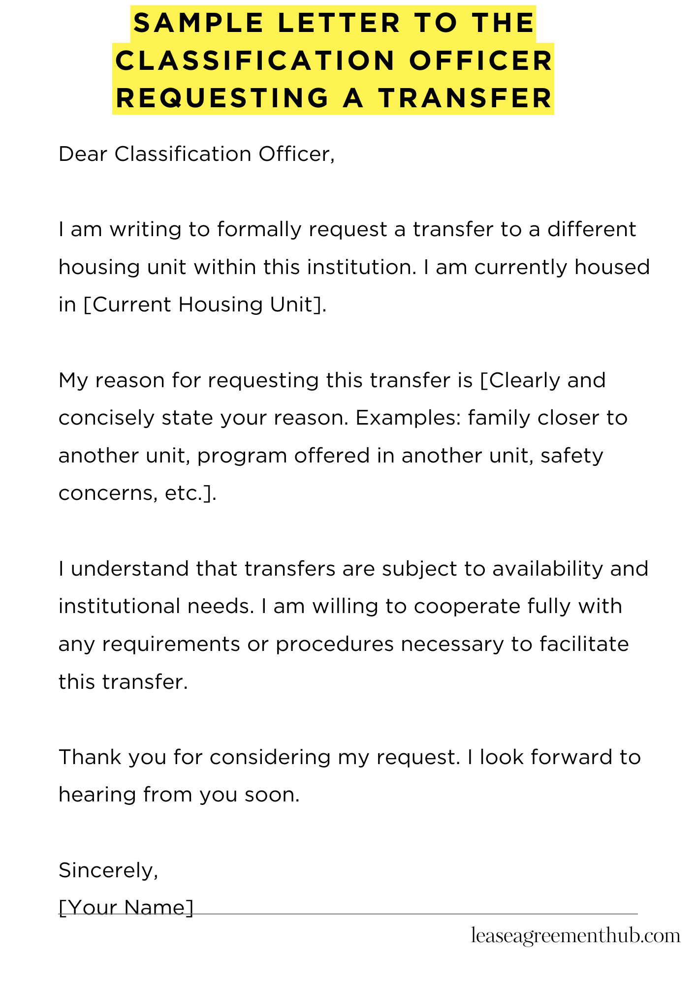 Sample Letter To The Classification Officer Requesting A Transfer