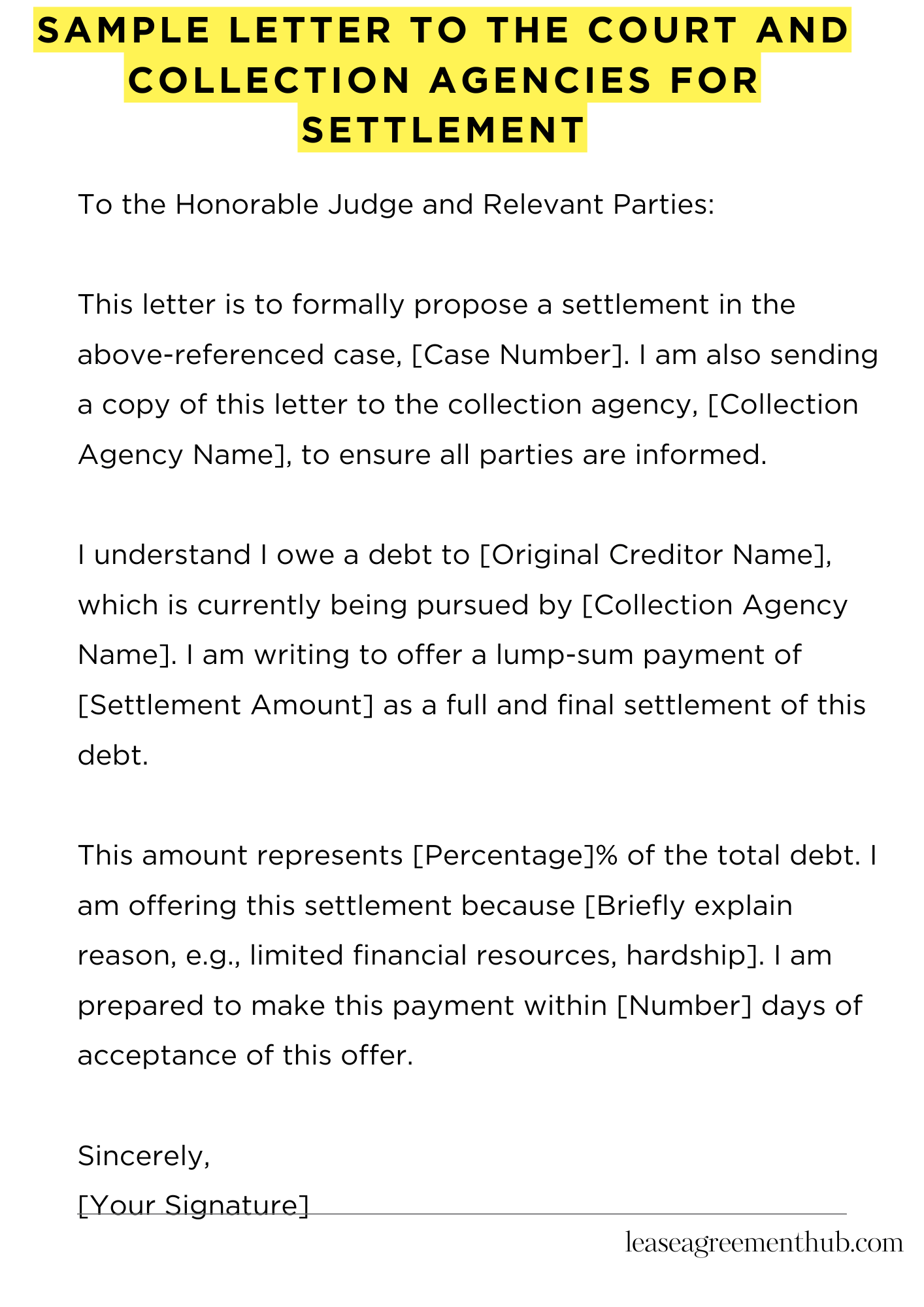 Sample Letter To The Court And Collection Agencies For Settlement