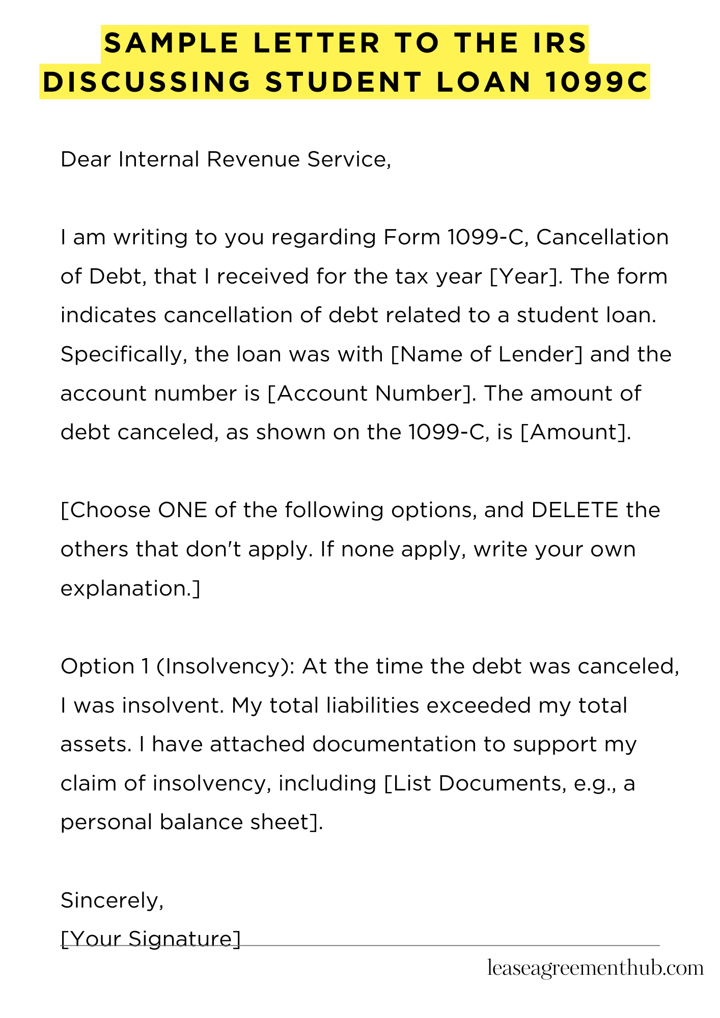 Sample Letter To The Irs Discussing Student Loan 1099C