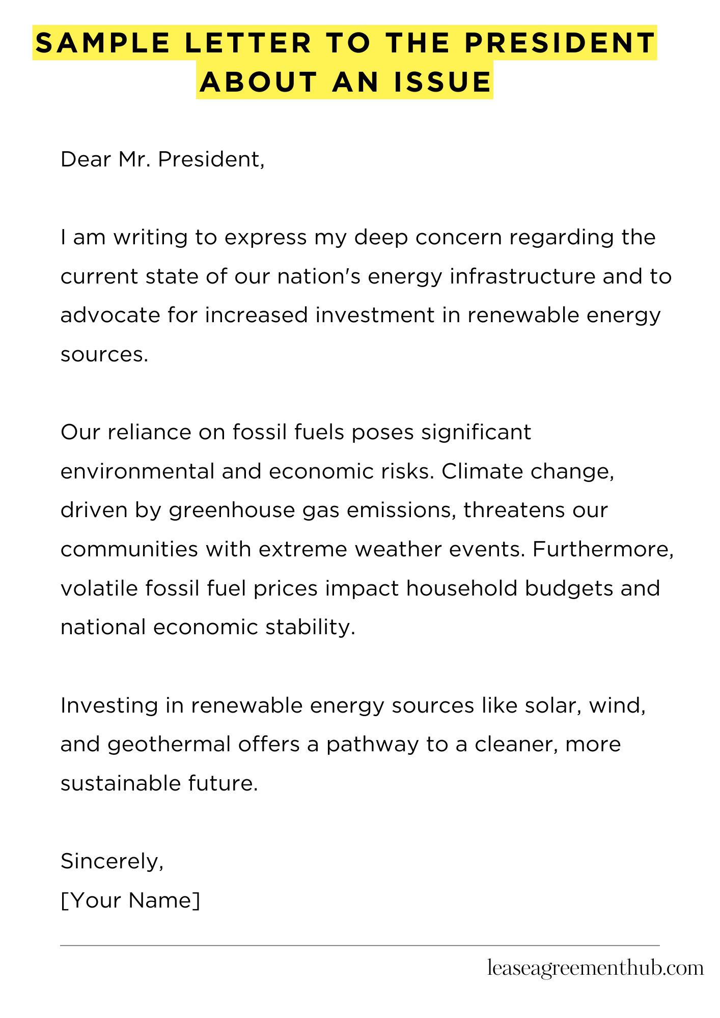 Sample Letter To The President About An Issue