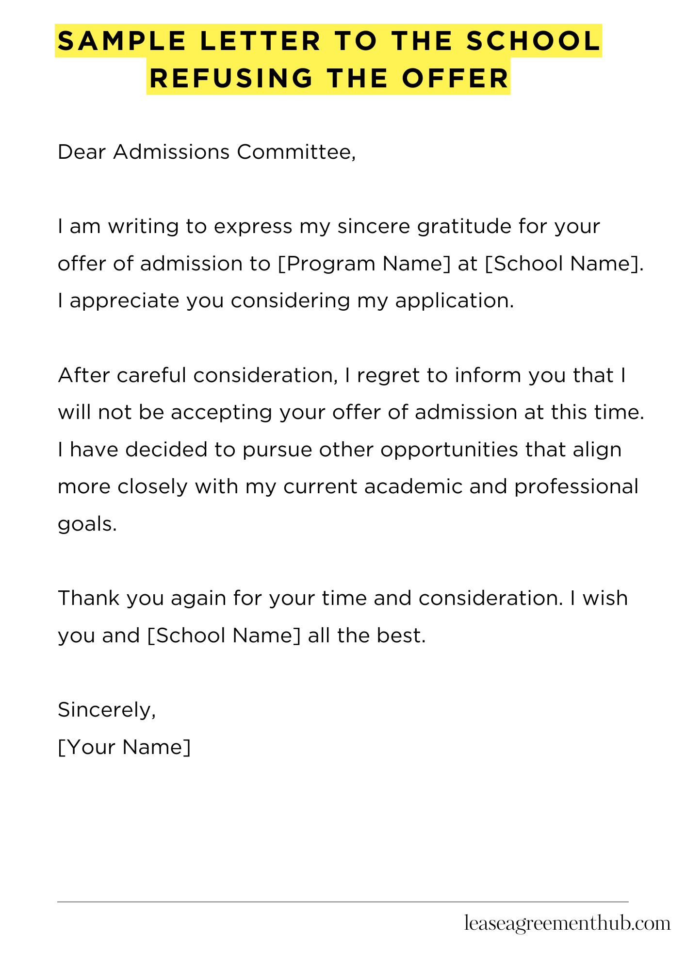 Sample Letter To The School Refusing The Offer
