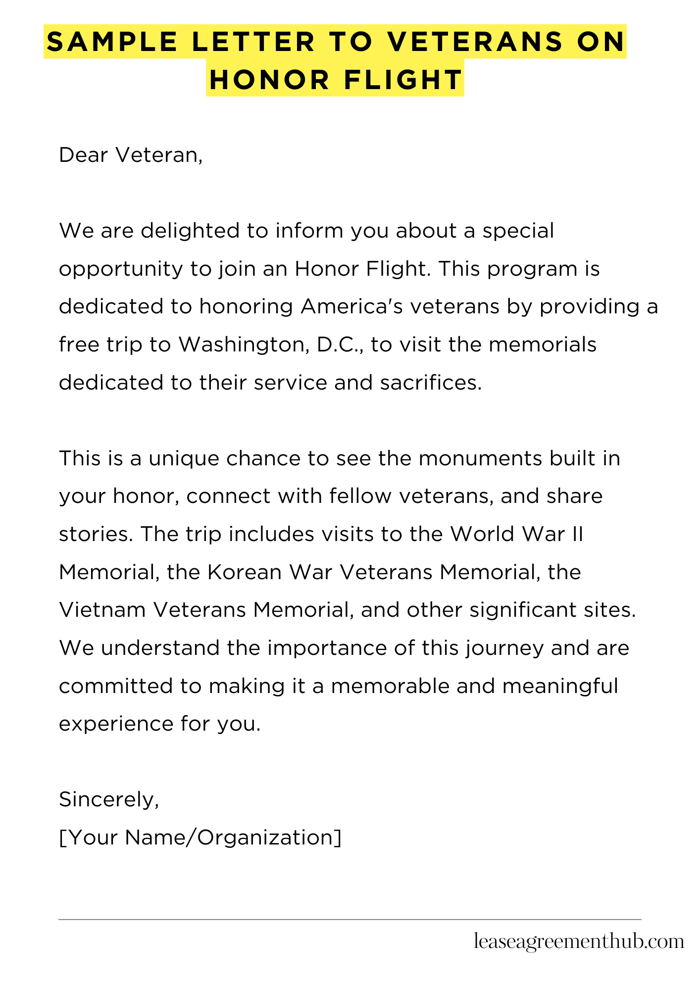 Sample Letter To Veterans On Honor Flight