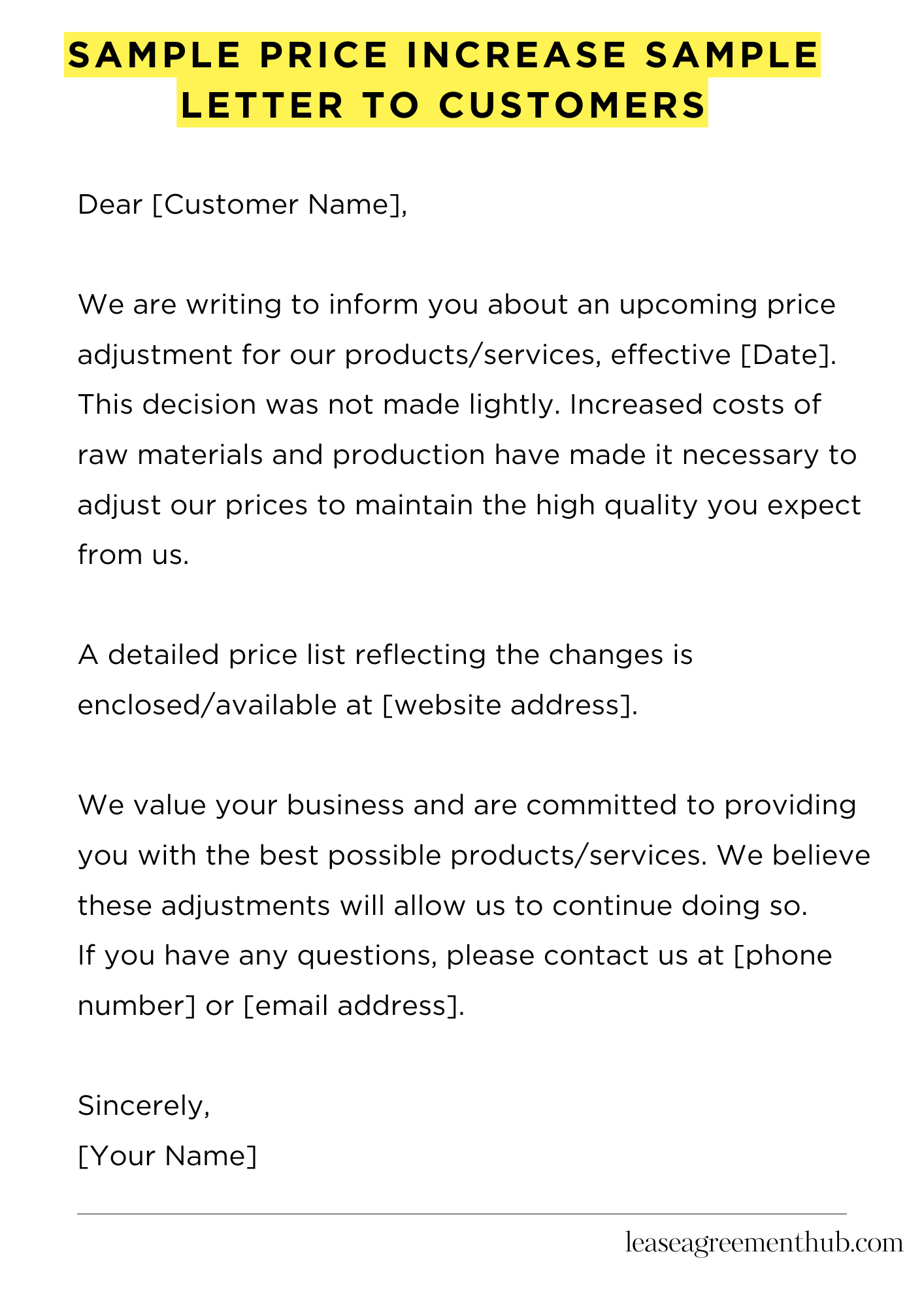 Sample Price Increase Sample Letter To Customers