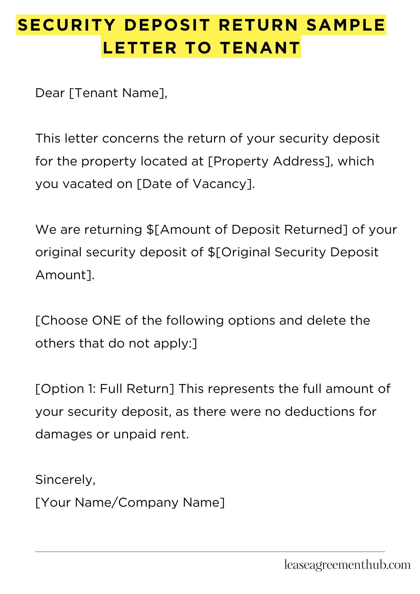 Security Deposit Return Sample Letter To Tenant