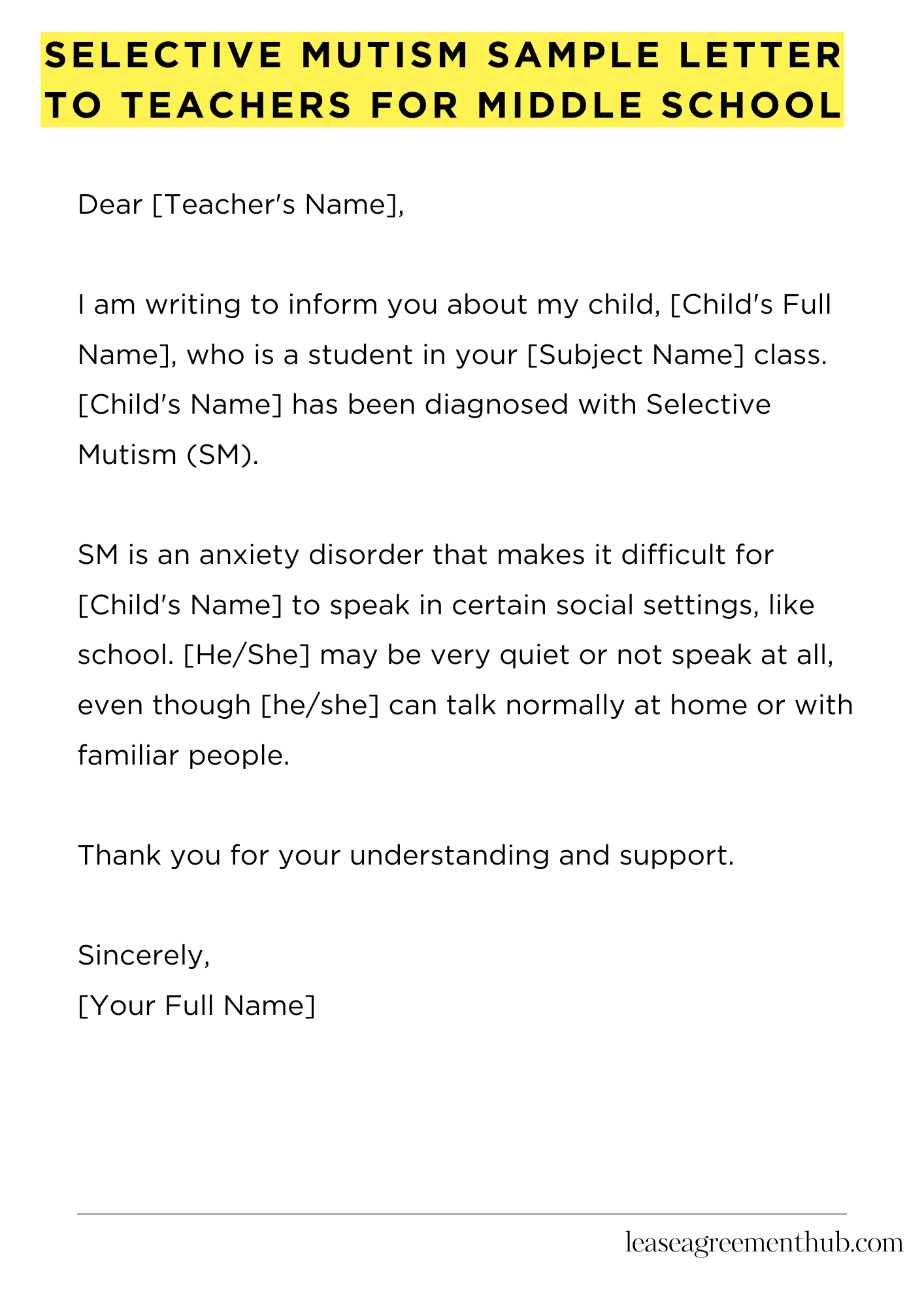Selective Mutism Sample Letter To Teachers For Middle School