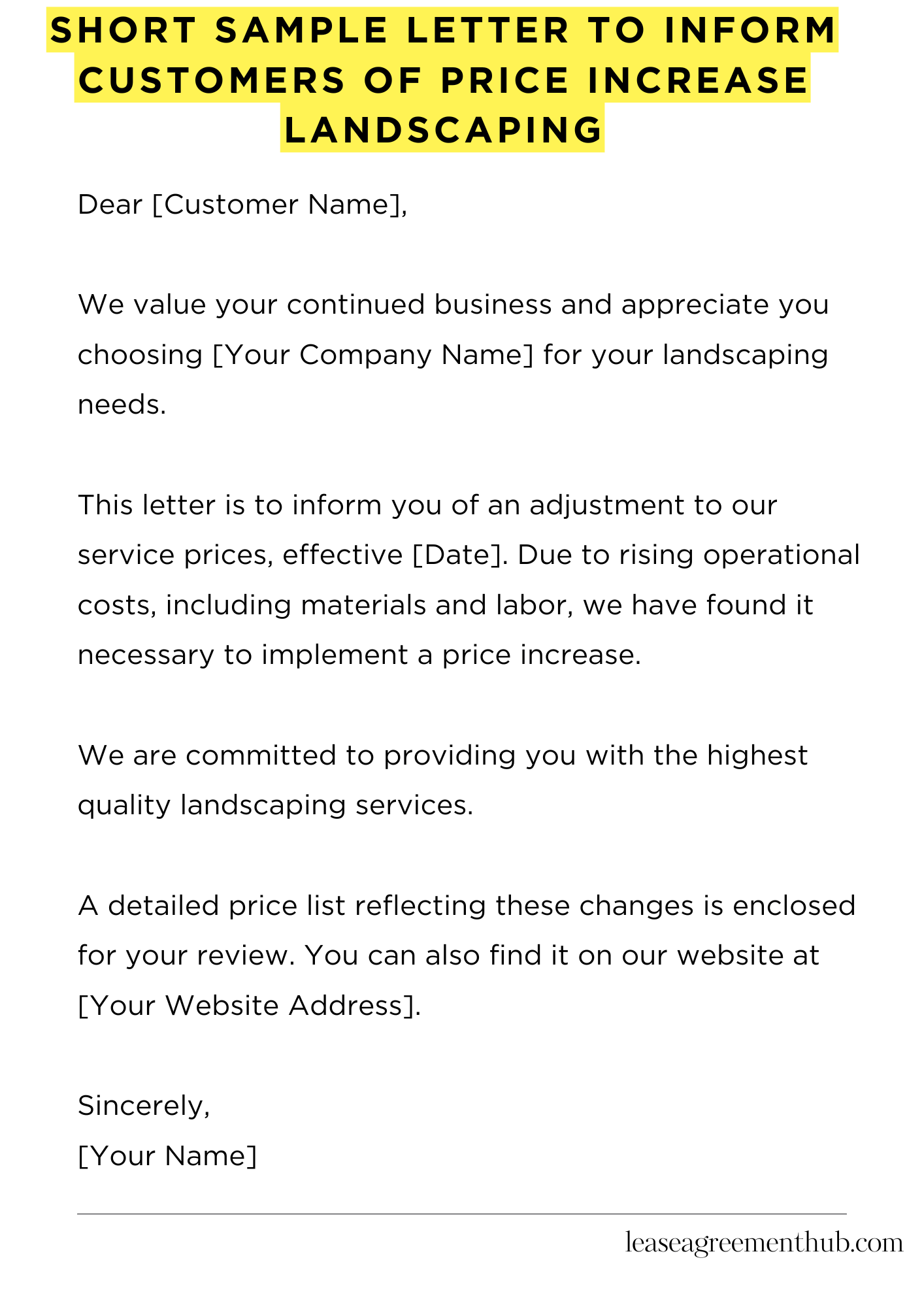 Short Sample Letter To Inform Customers Of Price Increase Landscaping