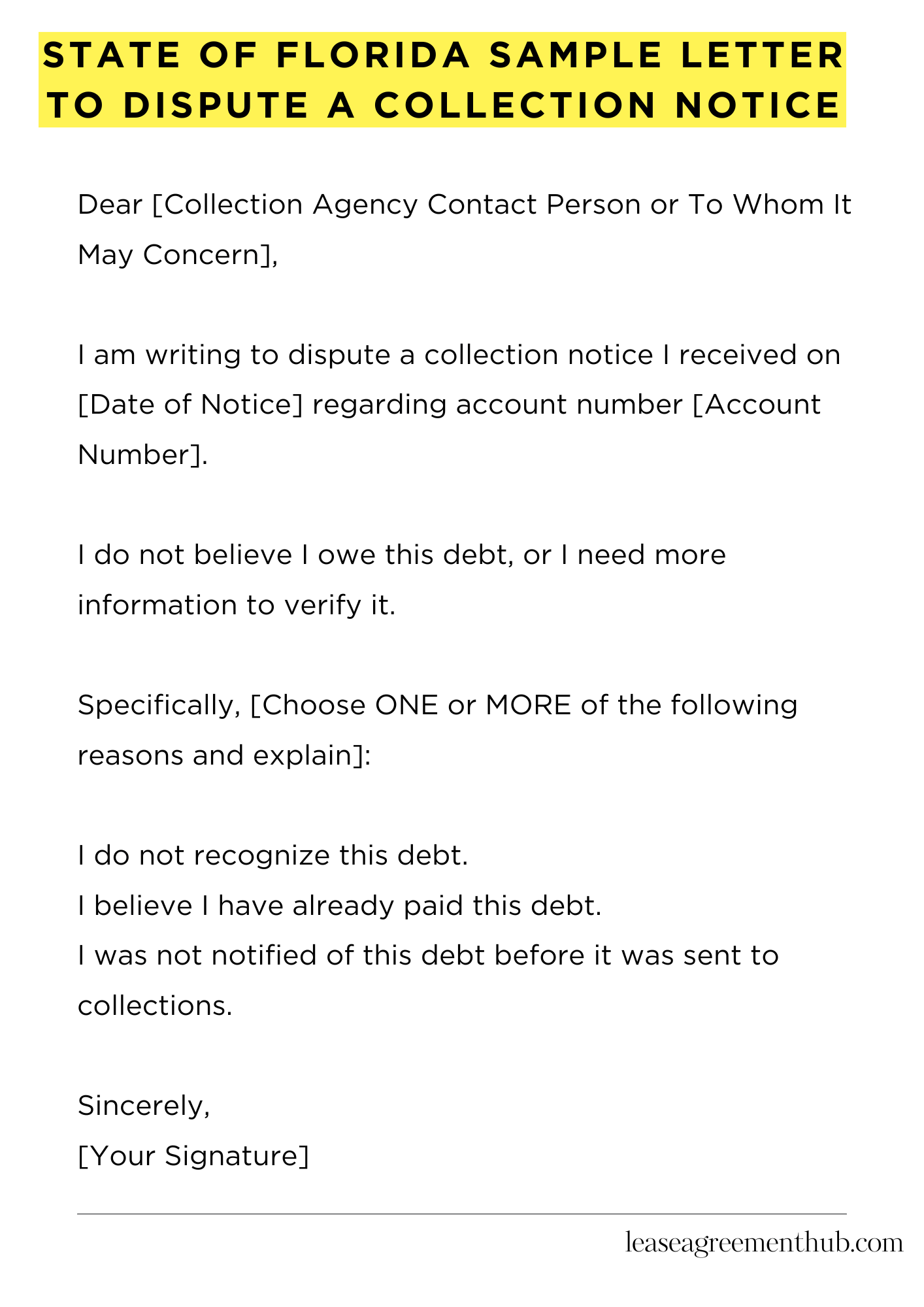 State Of Florida Sample Letter To Dispute A Collection Notice