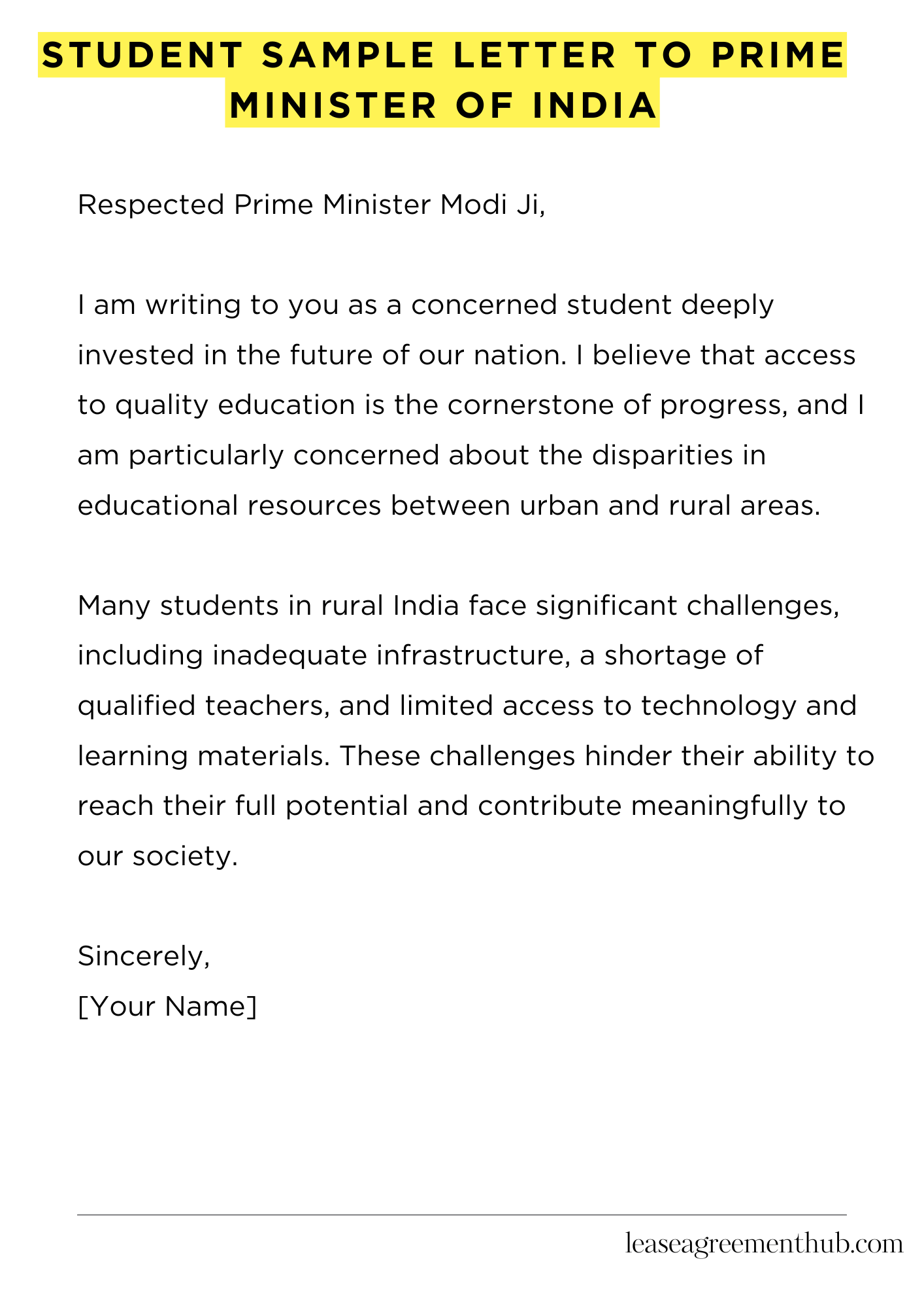 Student Sample Letter To Prime Minister Of India